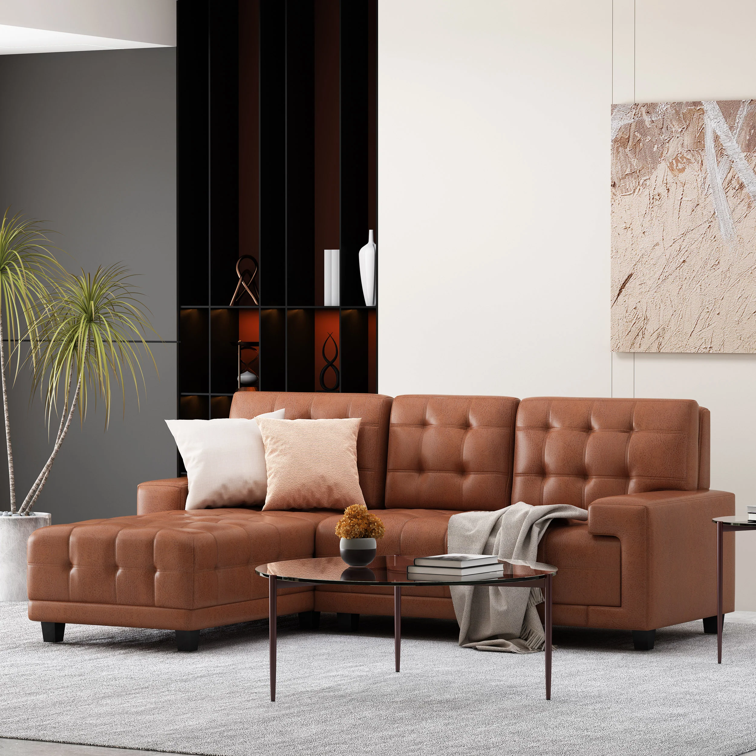 Littell Contemporary Faux Leather Tufted 3 Seater Sofa and Chaise Lounge Sectional Set - furnishings