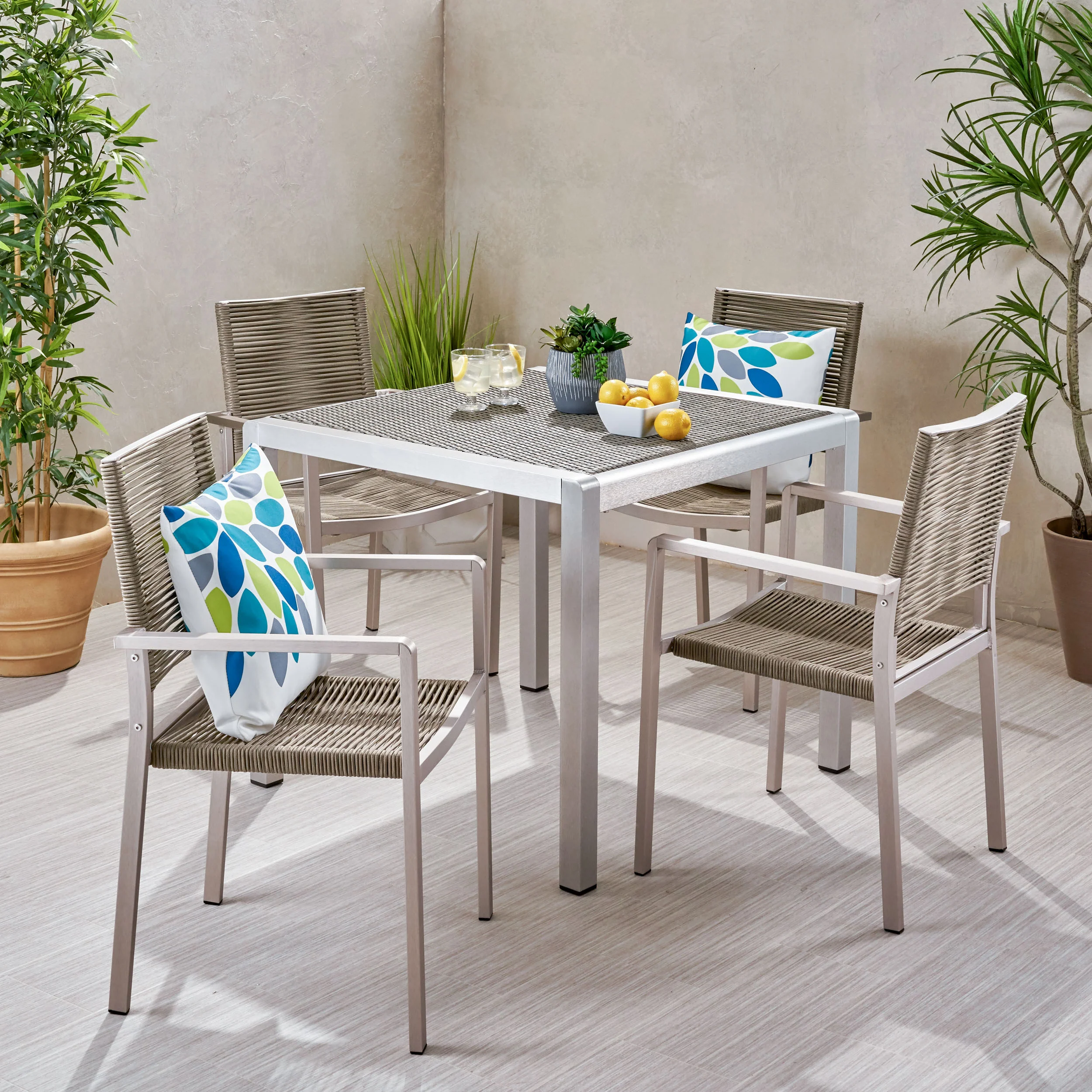 Danitza Outdoor Modern 4 Seater Aluminum Dining Set with Wicker Table Top - furnishings