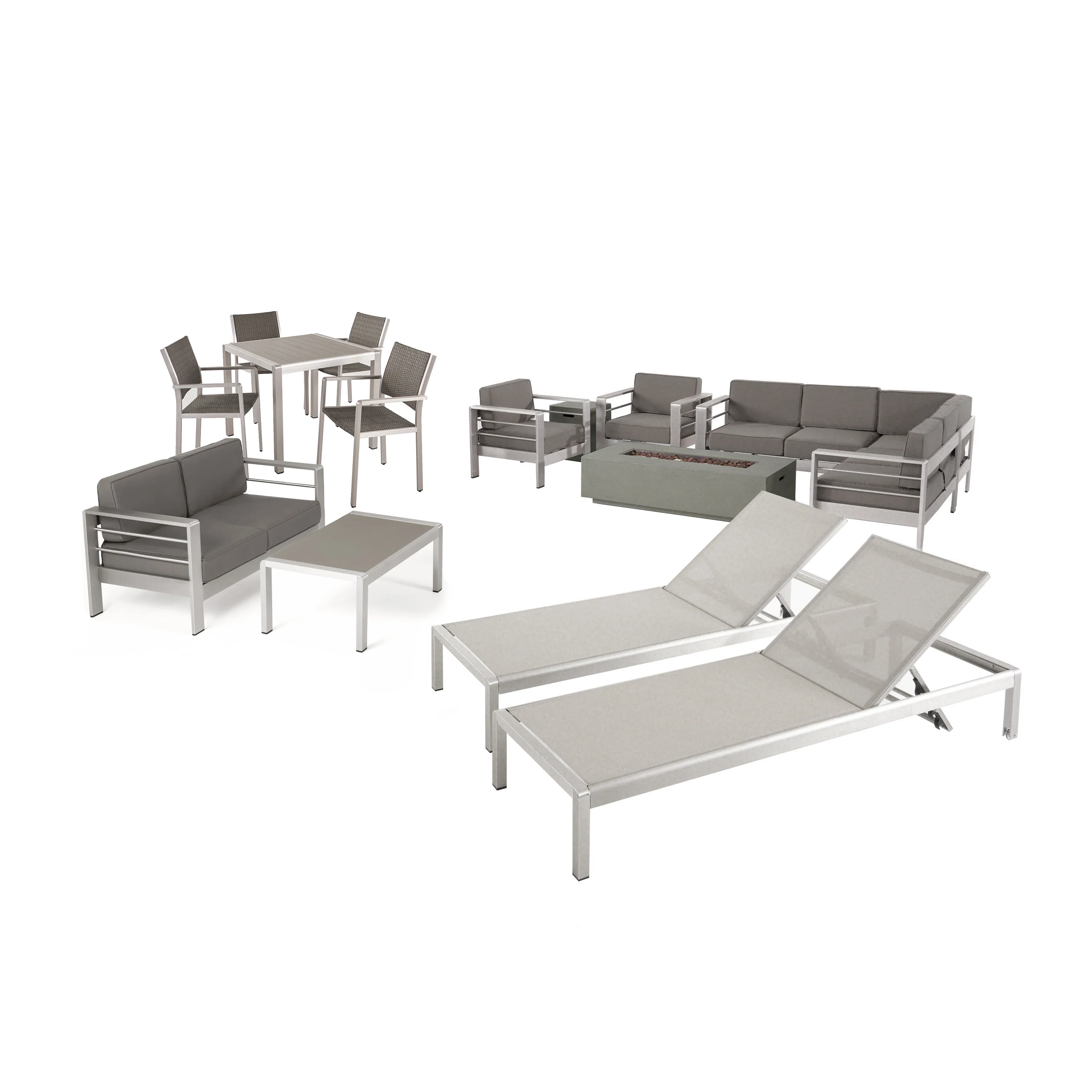 Cherie Outdoor Estate Collection with Fire Pit and Faux Wood Top Dining Table - furnishings