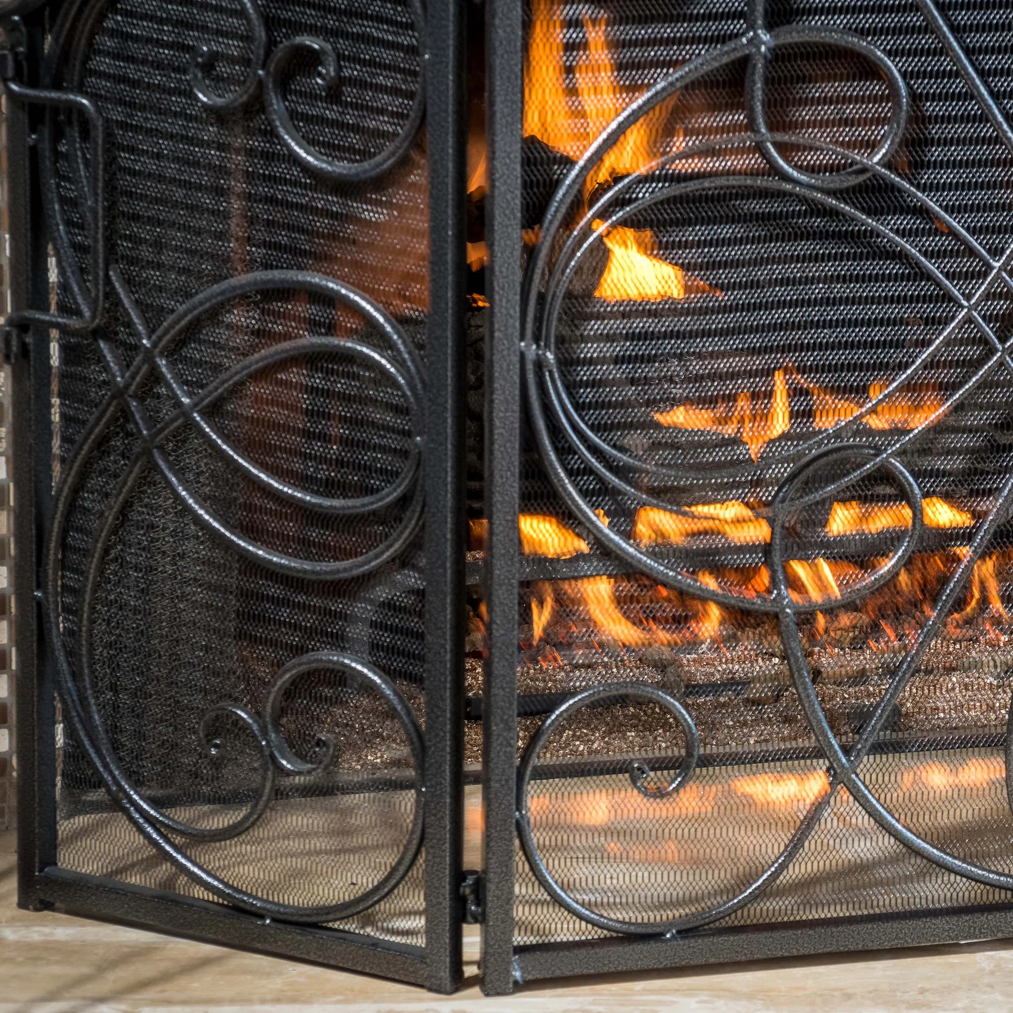 Rosalinda Black Silver Finish Floral Iron Fireplace Screen - furnishings