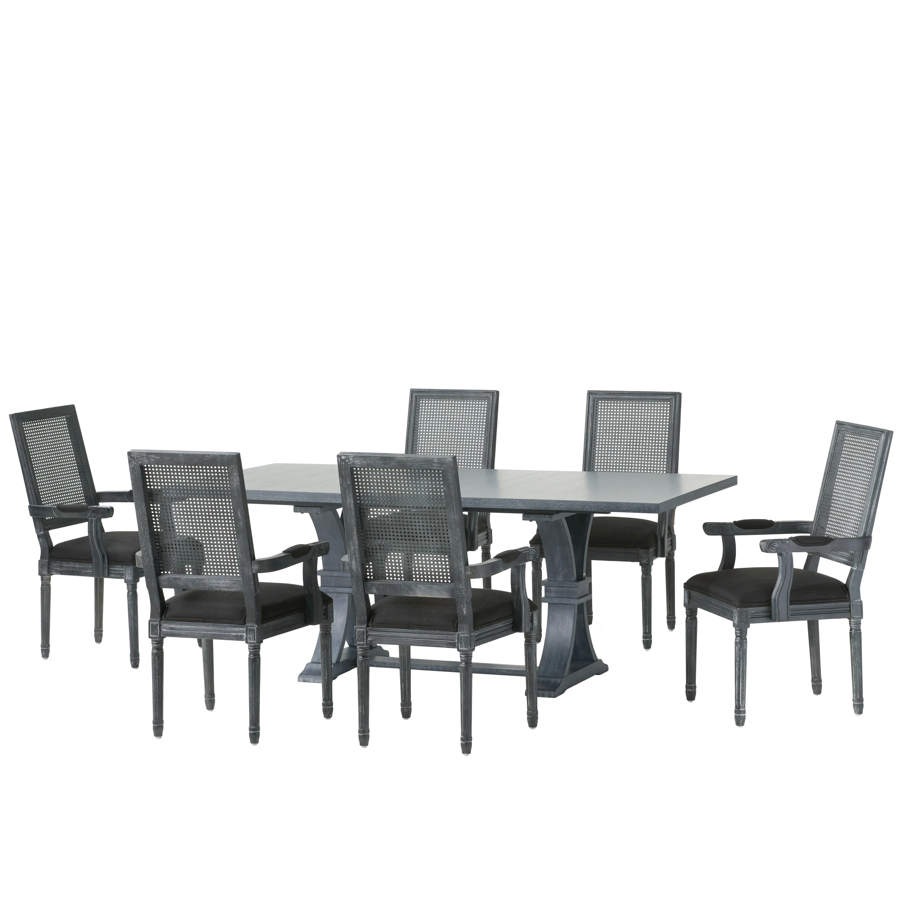 Zentner French Country Fabric Upholstered Wood and Cane 7 Piece Expandable Dining Set - furnishings