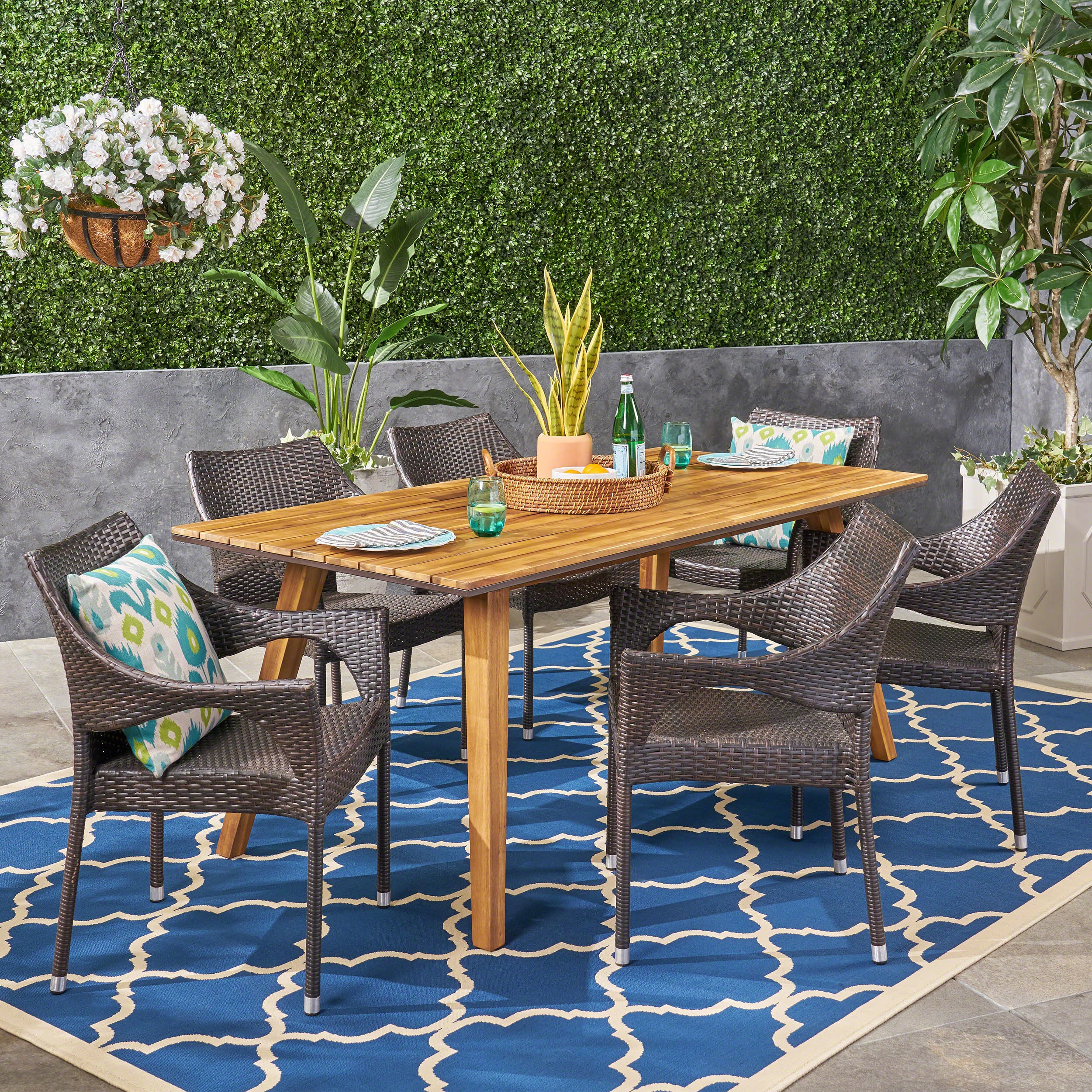 Doreen Outdoor 7 Piece Acacia Wood Dining Set with Stacking Wicker Chairs, Teak and Multi Brown - furnishings