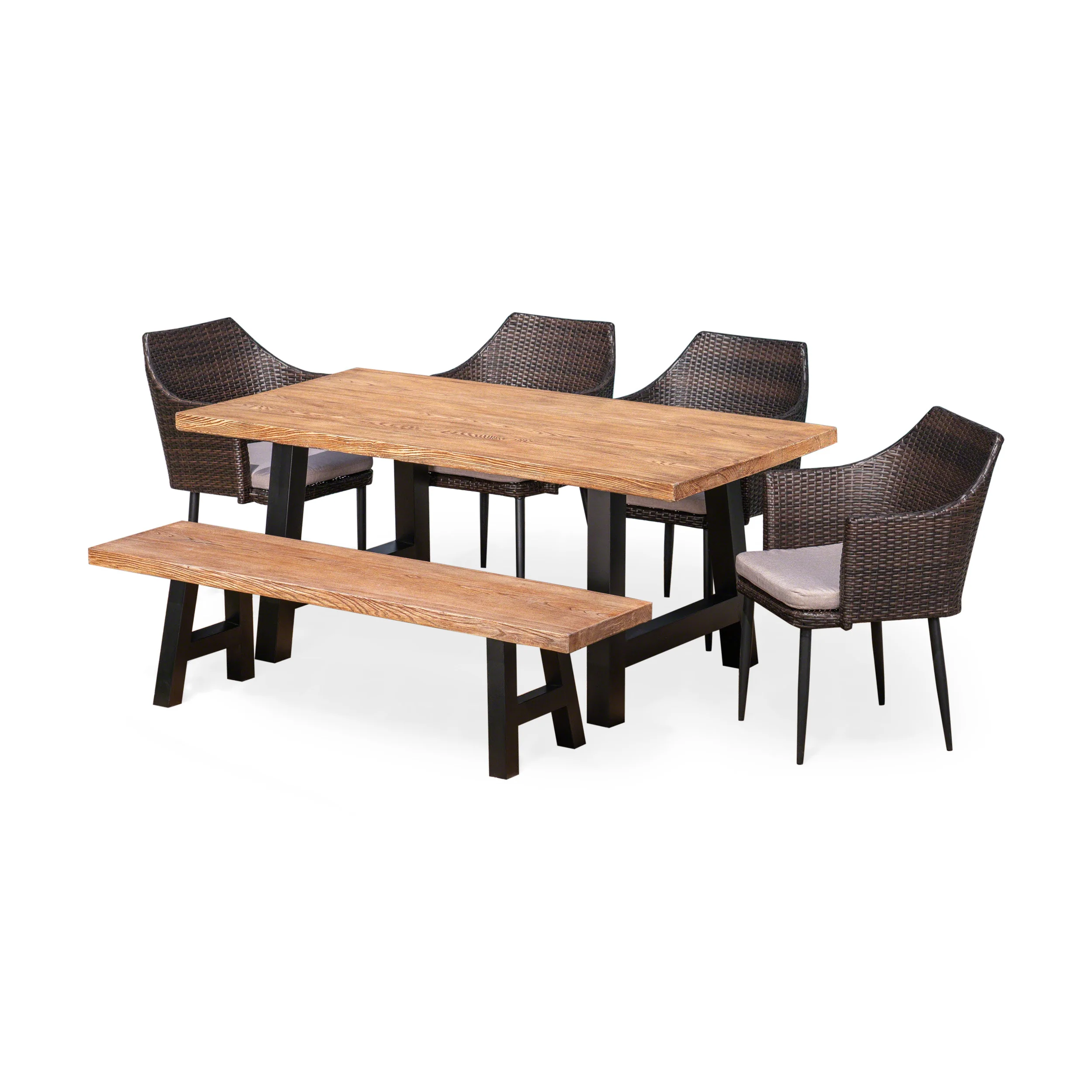 Blanche Outdoor 6 Piece Multibrown Wicker Dining Set with Natural Oak Finish Light Weight Concrete Table and Bench and Textured Beige Water Resistant Cushions - furnishings