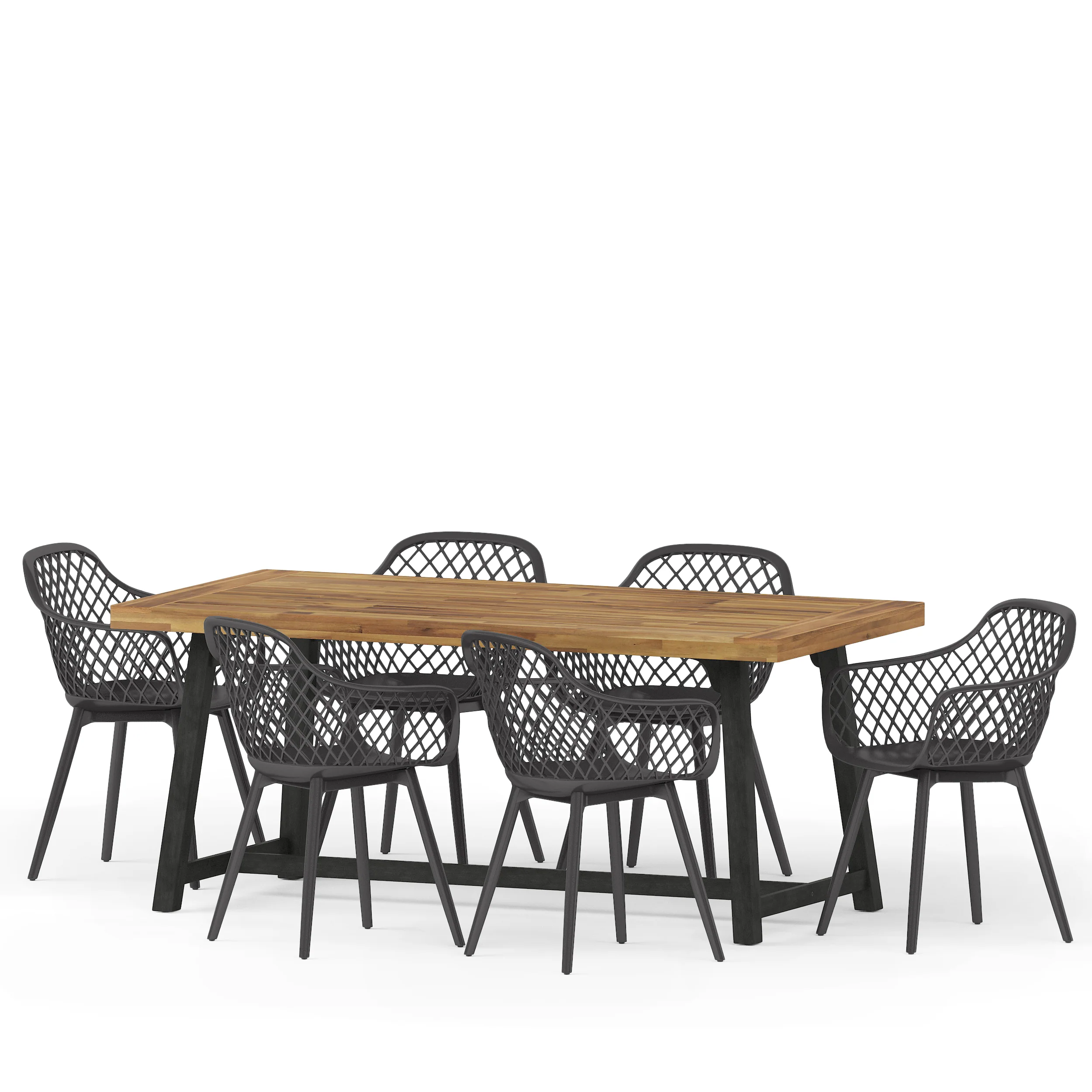 Requeta Outdoor Wood and Resin 7 Piece Dining Set, Black and Sandblasted Teak - furnishings