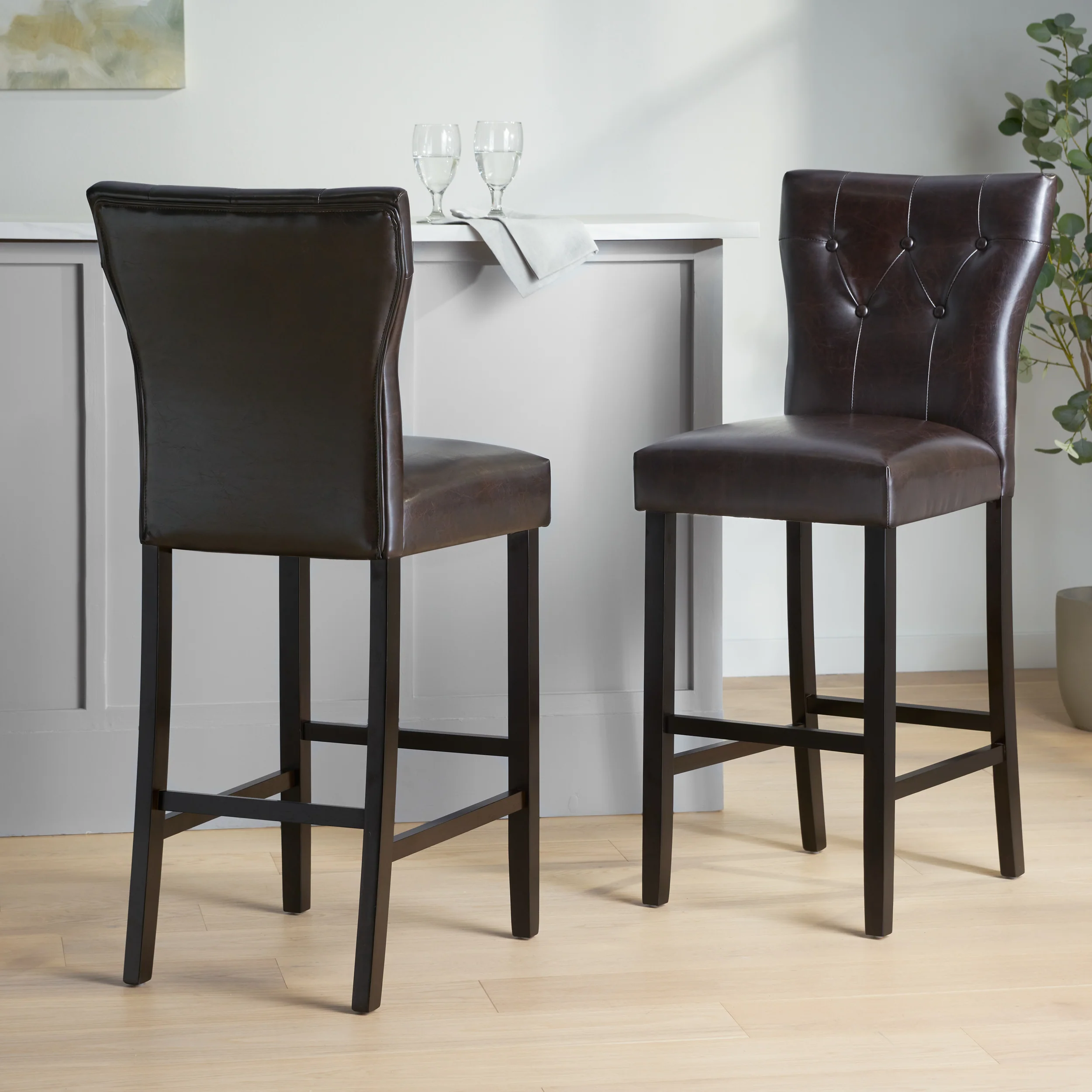 Pierre Contemporary Button Tufted Brown Leather Backed Barstools - furnishings