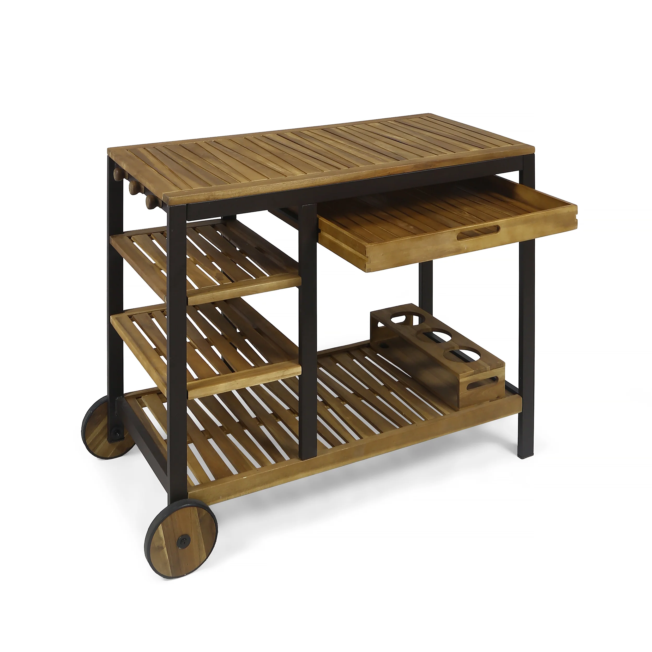 Ishtar Indoor Wood and Iron Bar Cart with Drawers and Wine Bottle Holders - furnishings