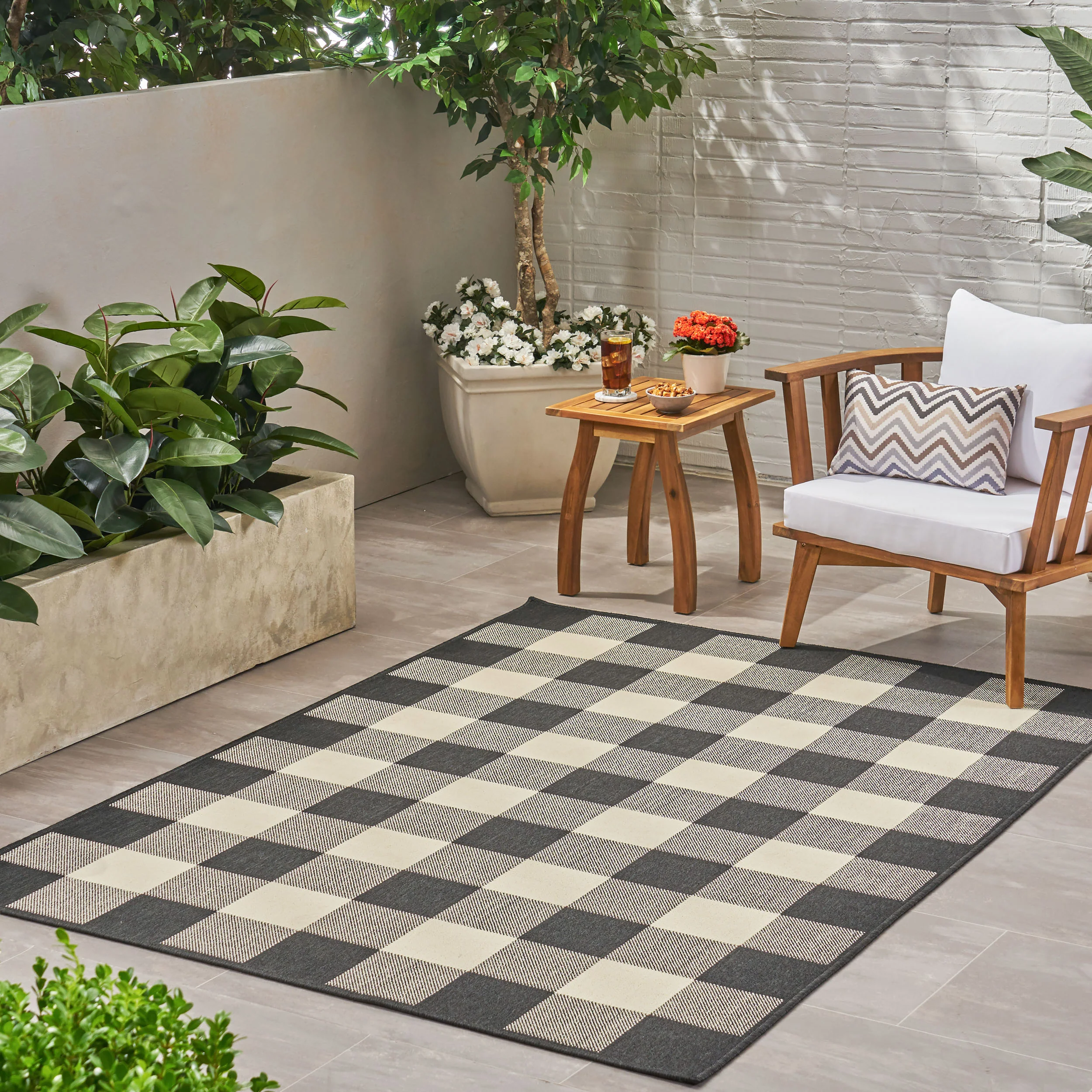 Jessica Outdoor Check Area Rug, Black and Ivory - furnishings