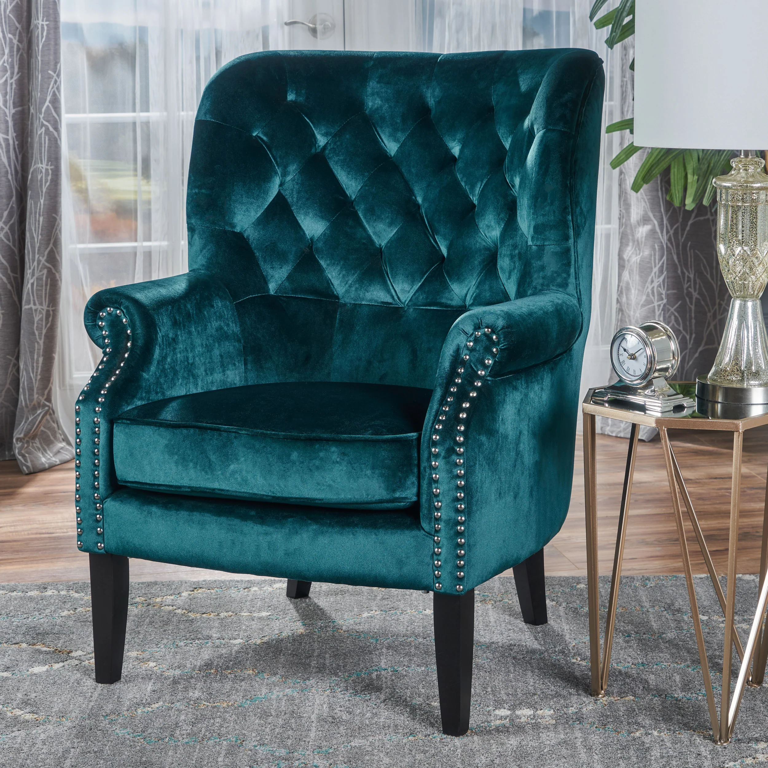 Tomlin Modern Glam Velvet Club Chair with Nailhead Trim - furnishings