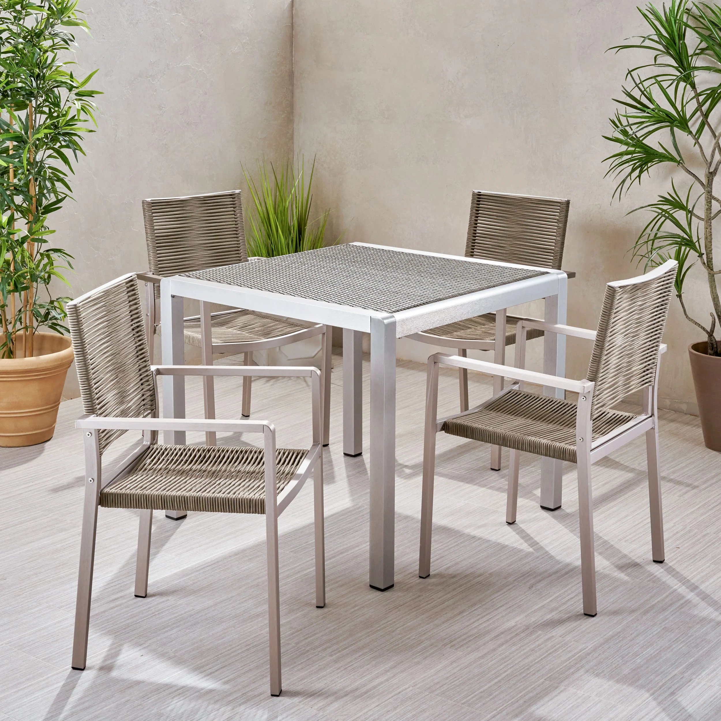 Danitza Outdoor Modern 4 Seater Aluminum Dining Set with Wicker Table Top - furnishings