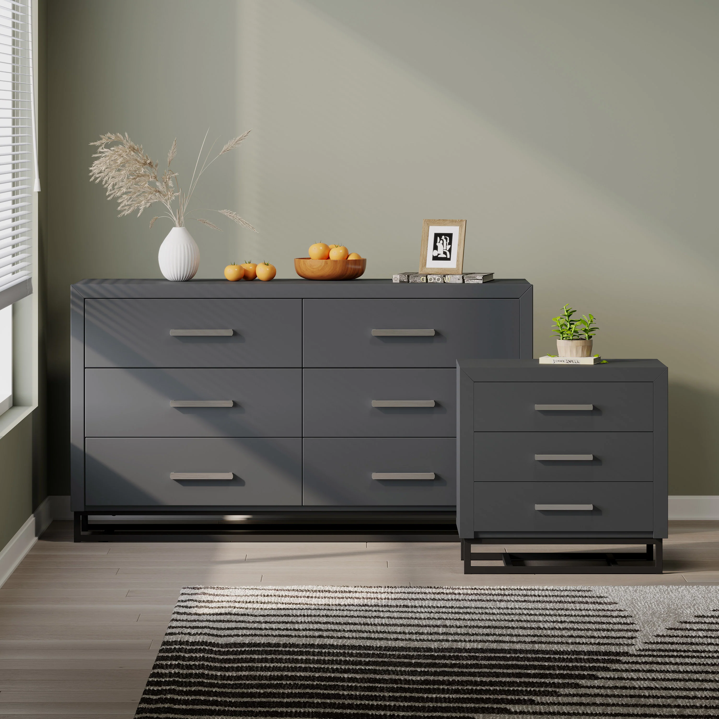 Borah Contemporary Faux Wood 2 Piece Double Dresser and Nightstand Bedroom Set - furnishings