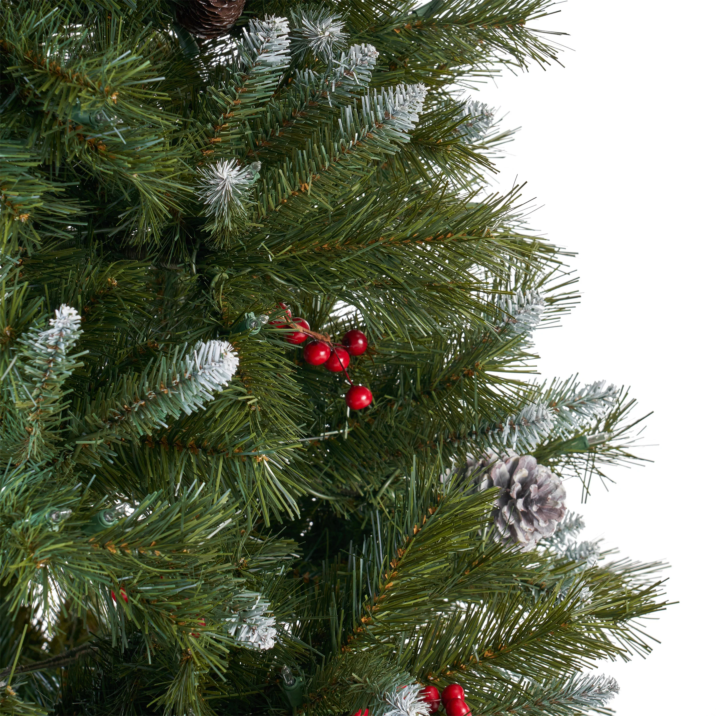 7-foot Mixed Spruce Hinged Artificial Christmas Tree with Frosted Branches, Red Berries, and Frosted Pinecones - furnishings