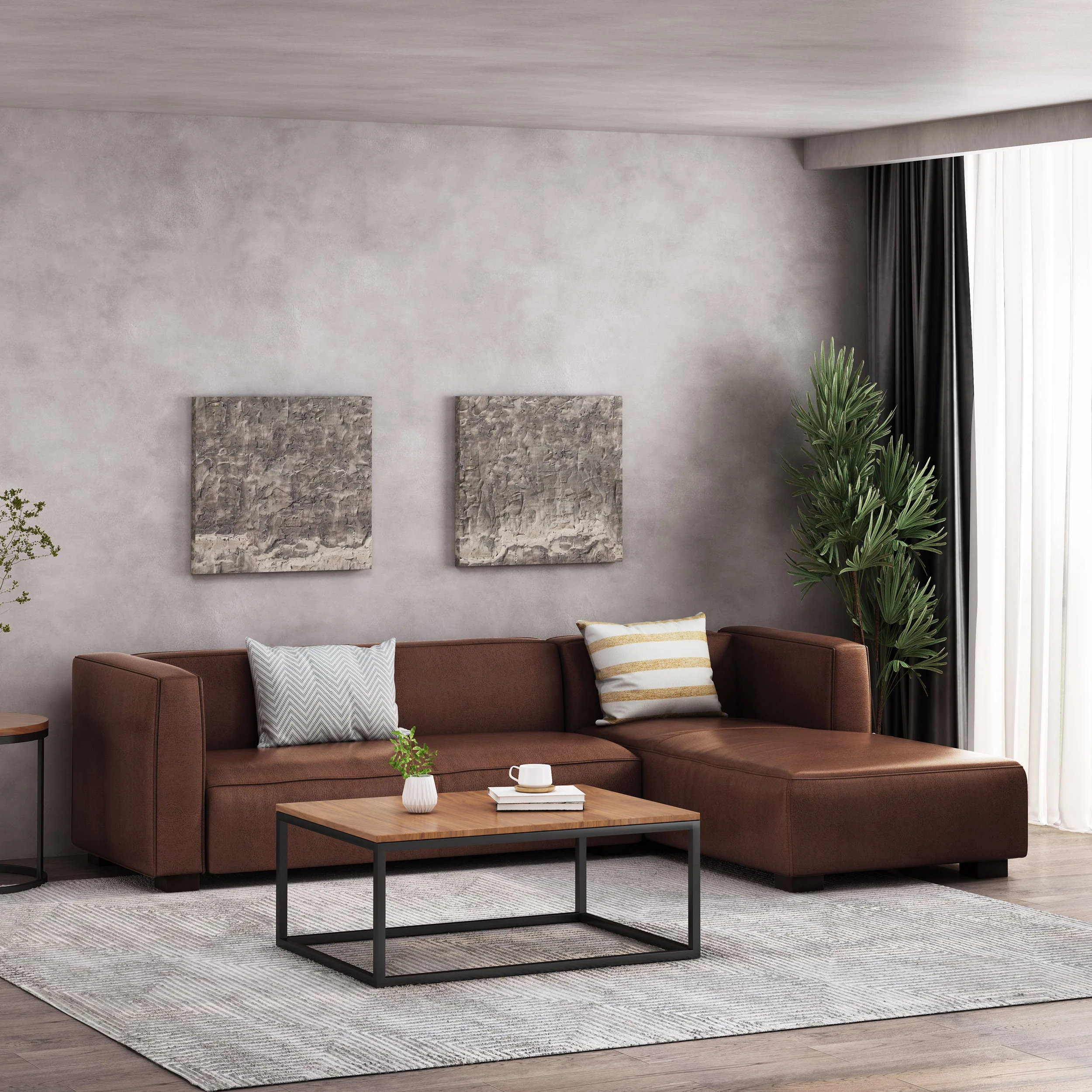 Minkler Contemporary Faux Leather 3 Seater Sofa with Chaise Lounge - furnishings