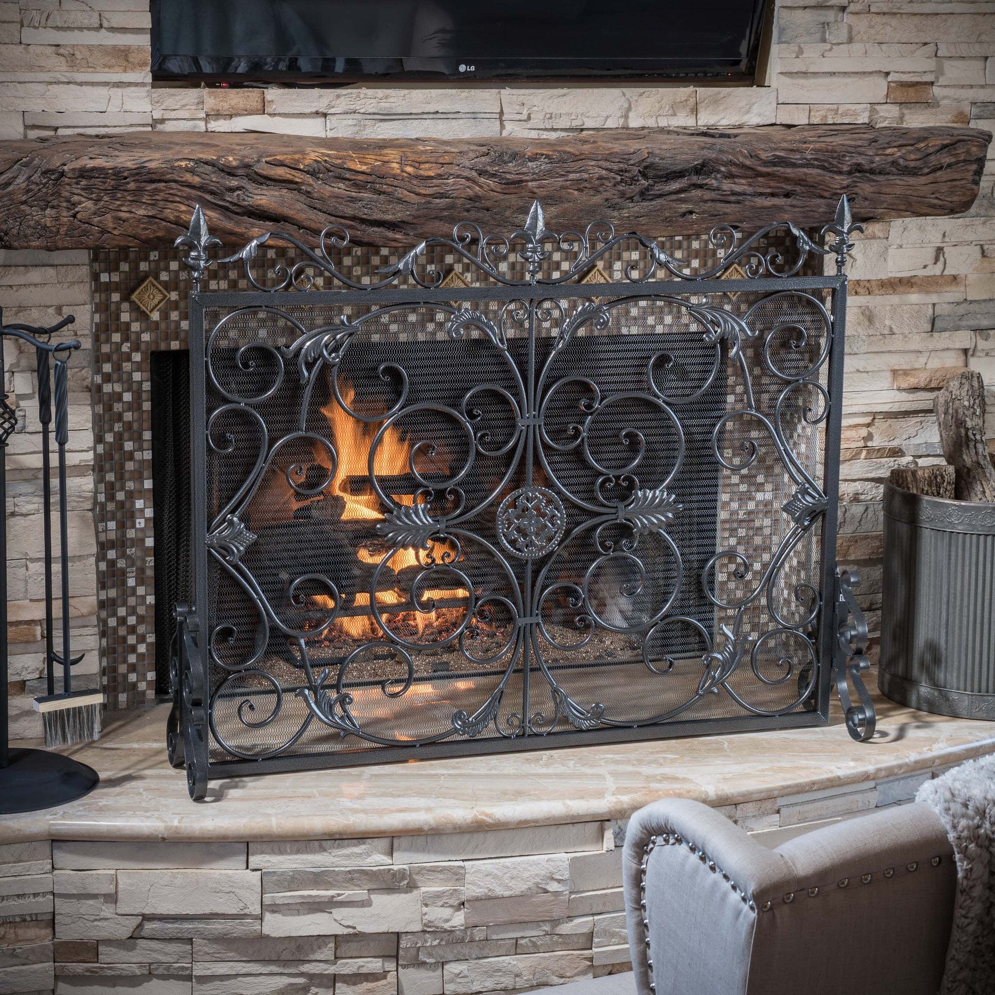 Darcie Black Brushed Silver Finish Wrought Iron Fireplace Screen - furnishings