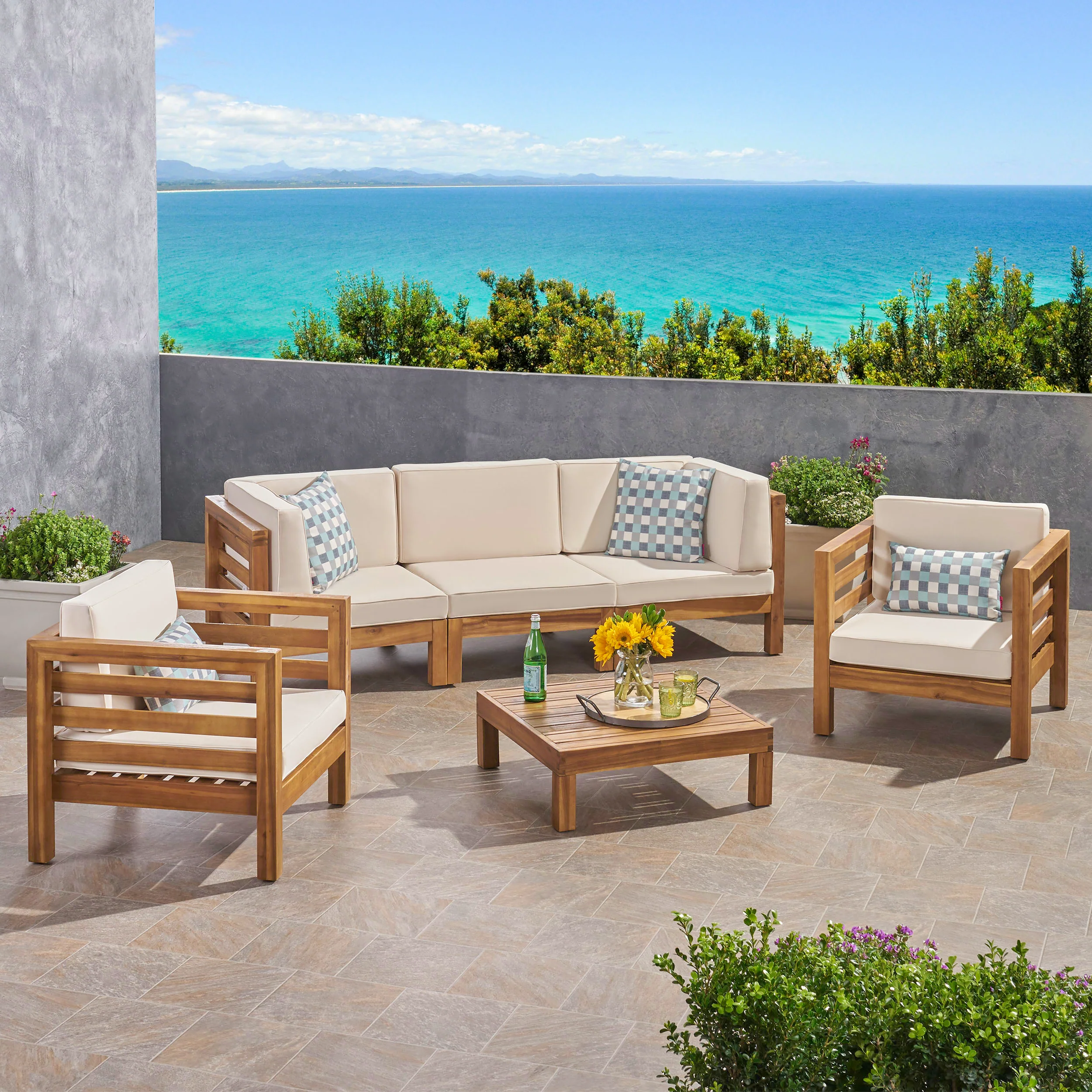 Emma Outdoor 5 Seater Acacia Wood Sofa Chat Set - furnishings