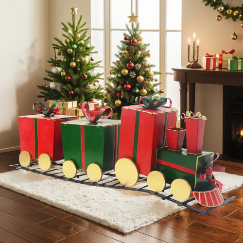 FrostyFestivities Iron Train Decor with Gift-Shaped Carriages - furnishings