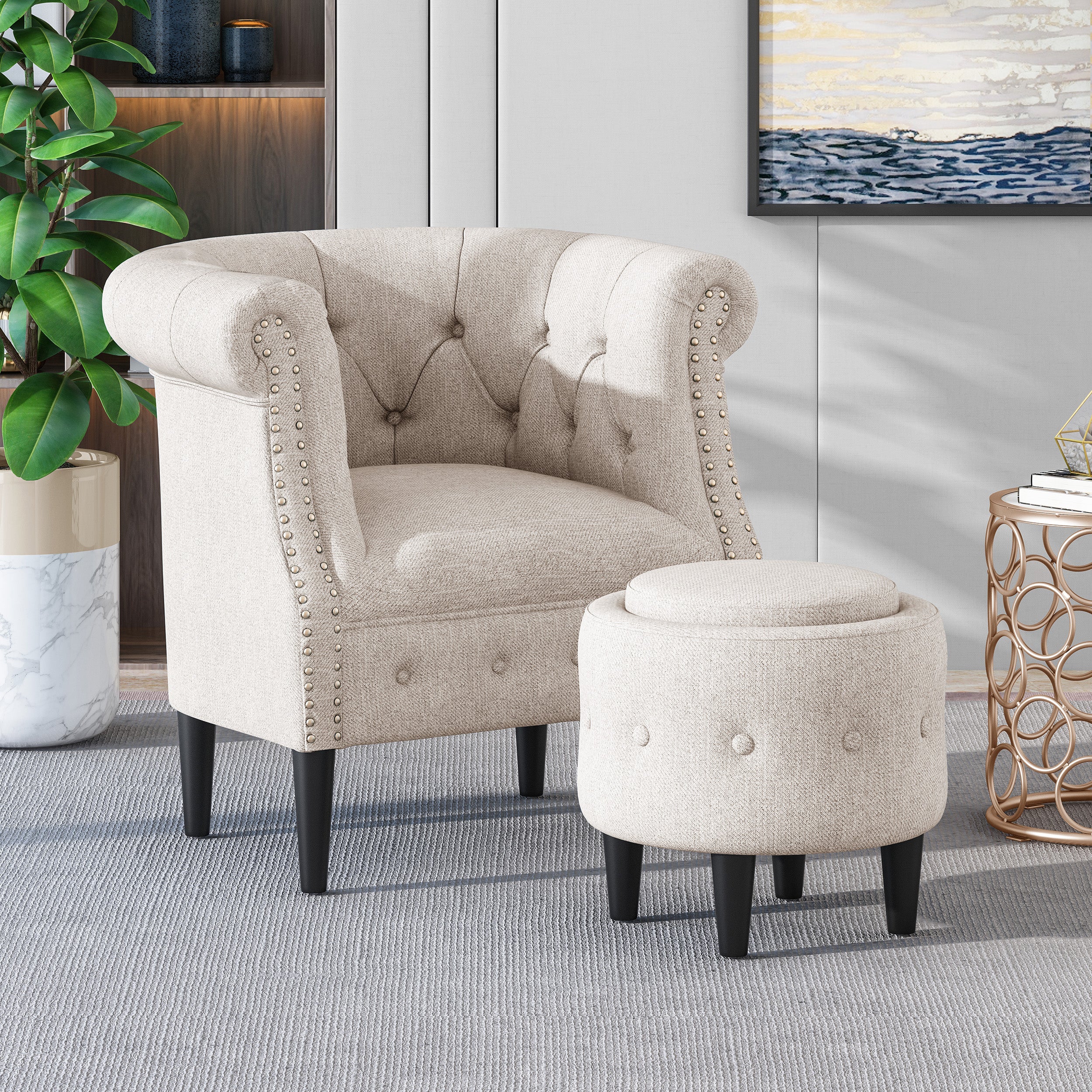 Atticus Chesterfield Style Tufted Fabric Accent Chair and Ottoman Set - furnishings