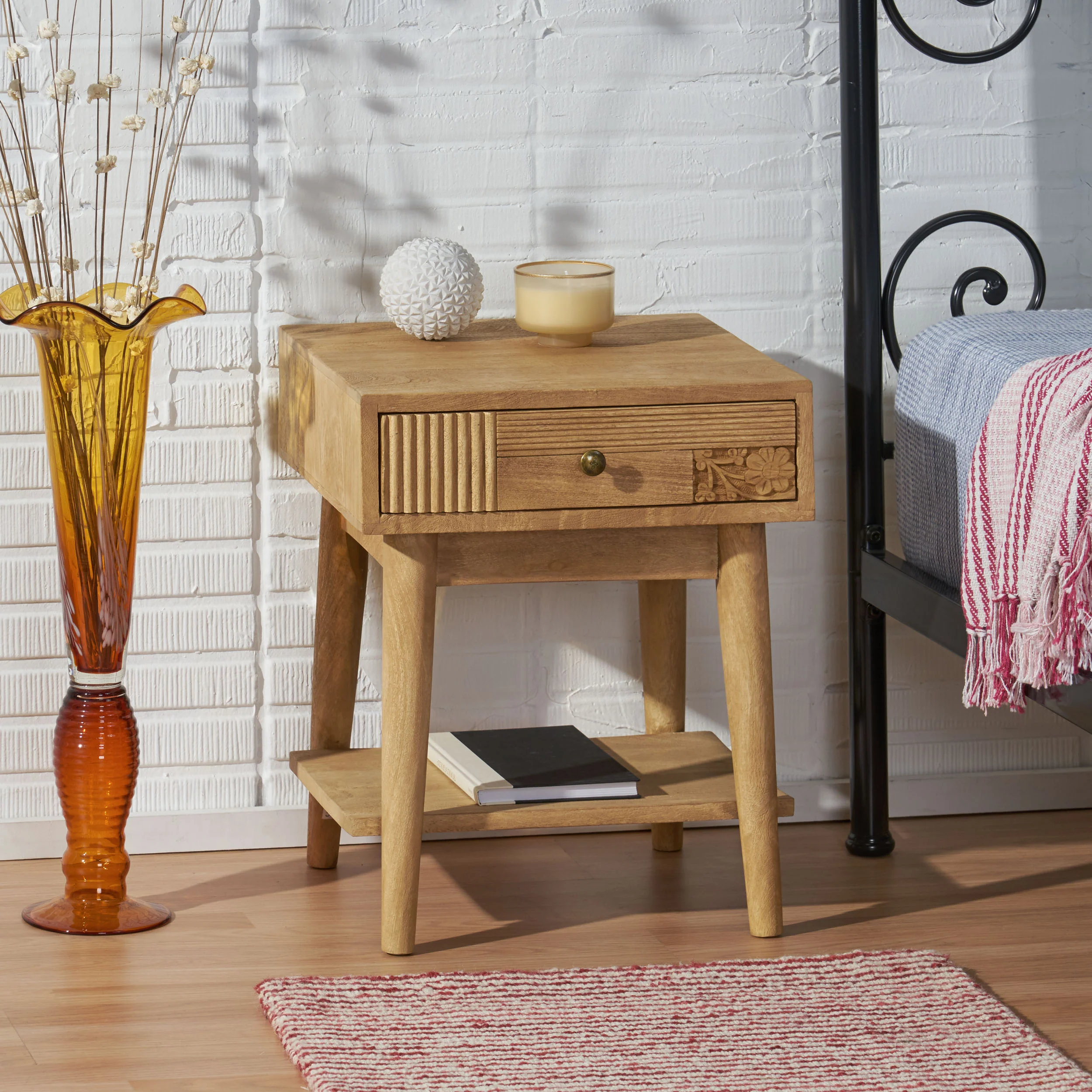 McManus Tennille Boho Handcrafted Mango Wood Nightstand with Drawer, Natural - furnishings