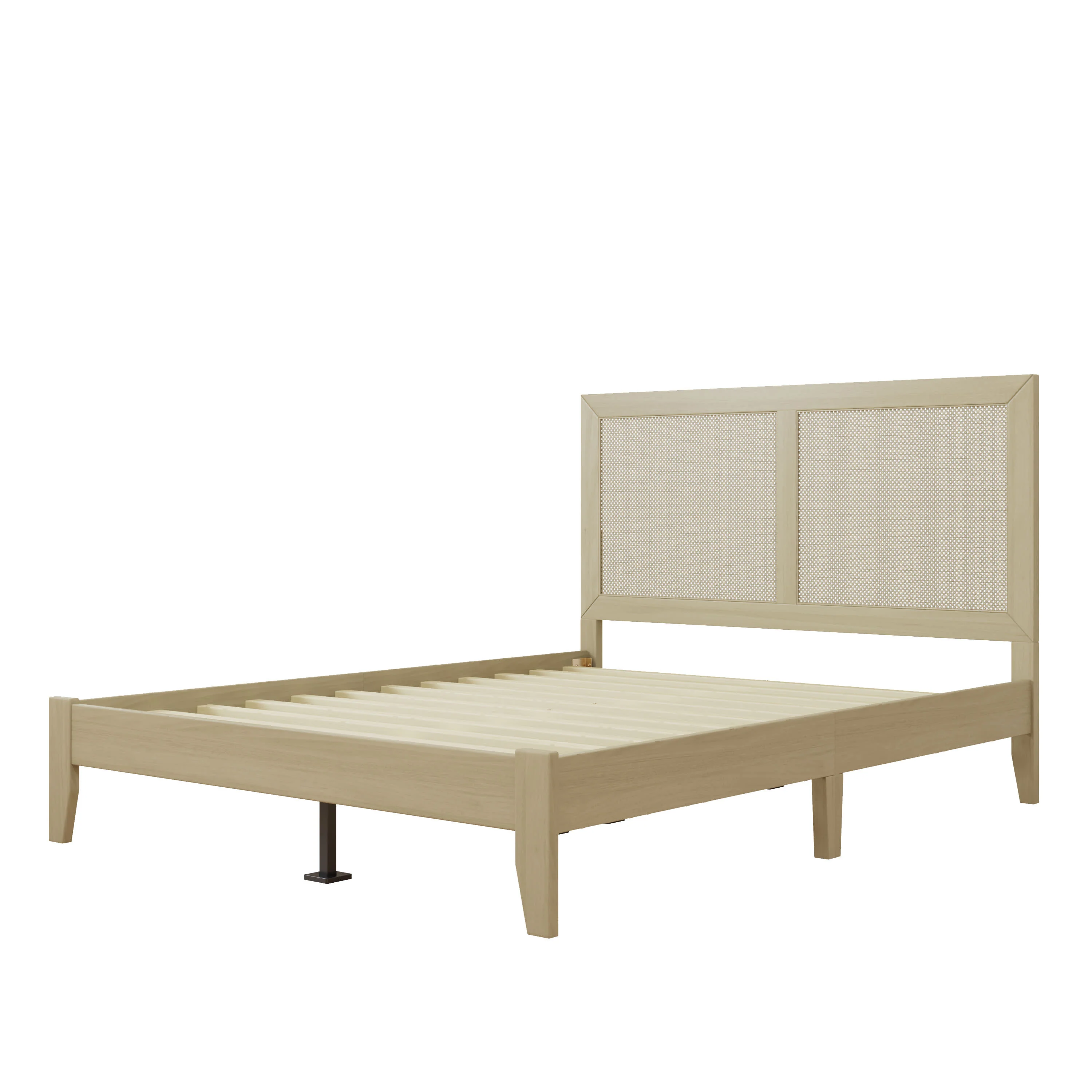 Linenwood Eudoca Rubber Wood Platform Bed with Rattan Woven Headboard, Natural - furnishings