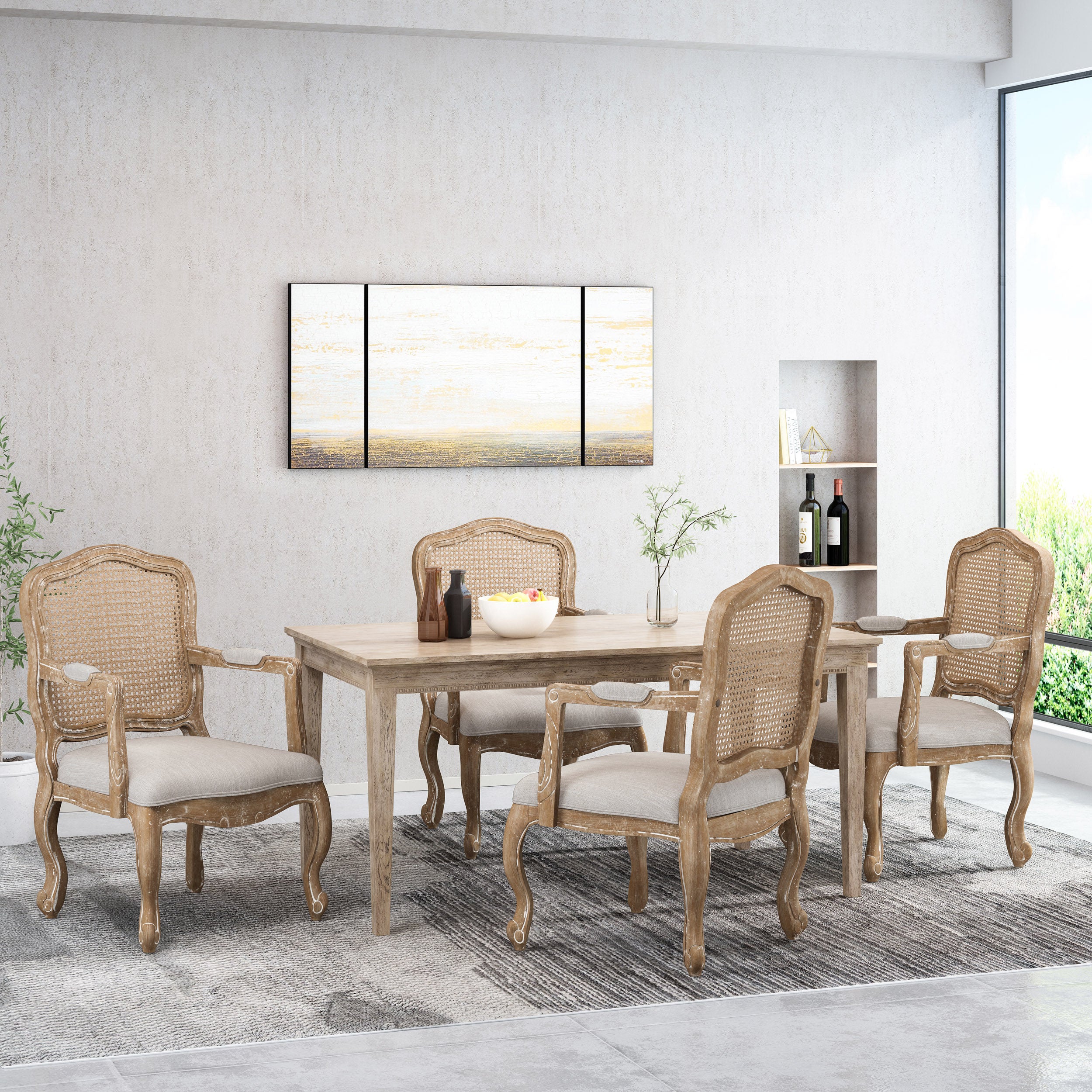 Biorn French Country Wood and Cane Upholstered Dining Armchair - furnishings