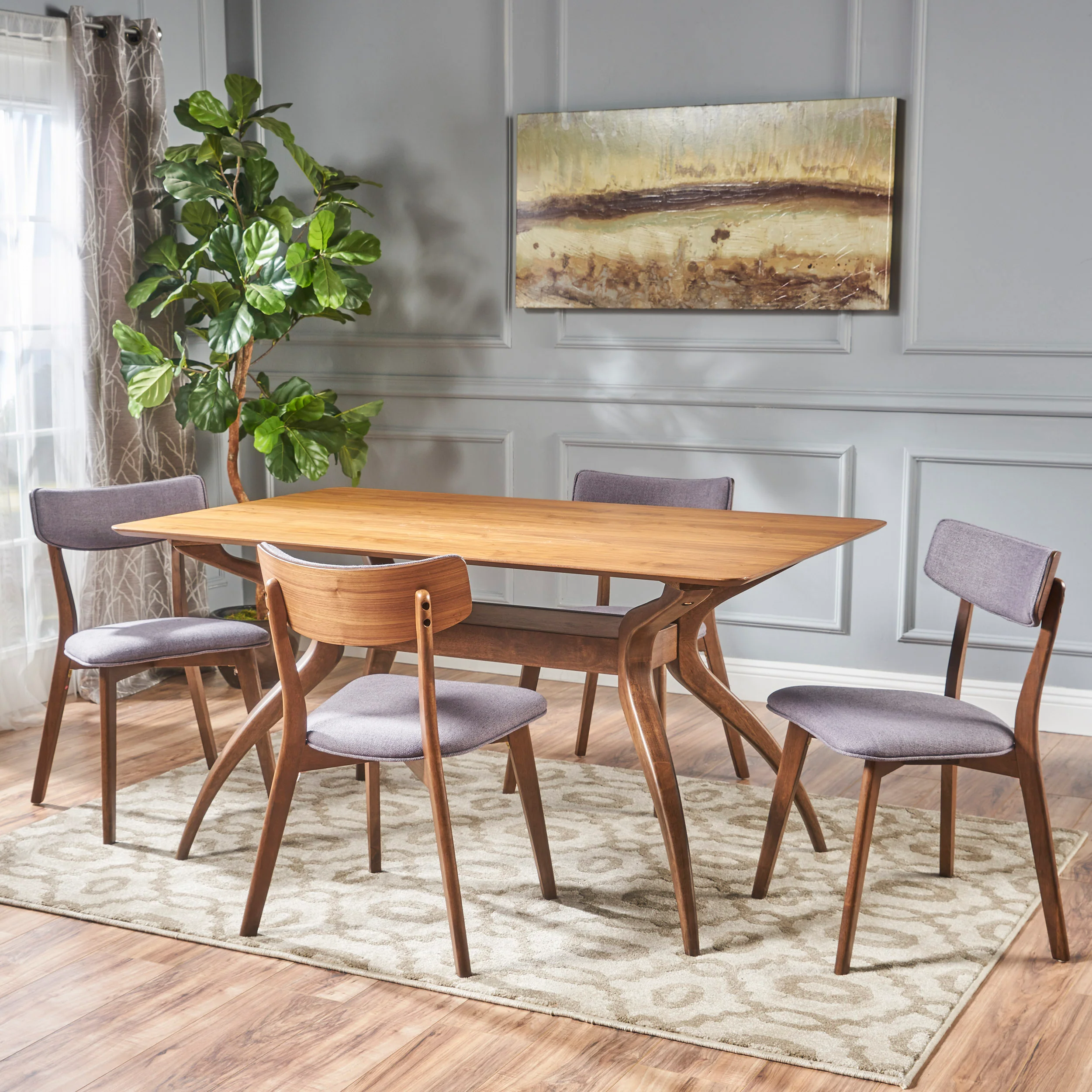 Nerron Mid Century Finished 5 Piece Wood Dining Set with Fabric Chairs - furnishings