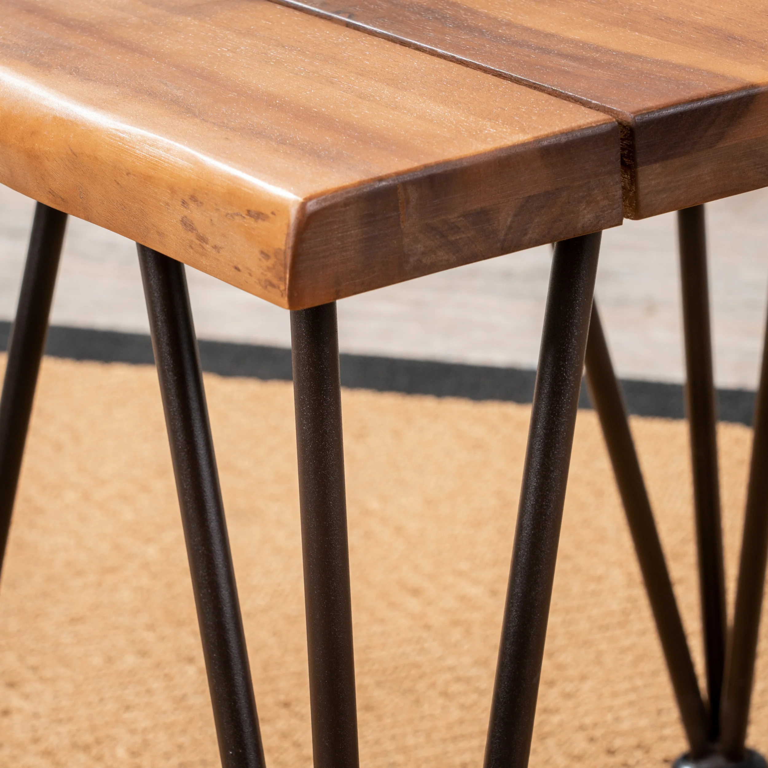 Avy Outdoor Rustic Industrial Acacia Wood Coffee Table and Accent Table Set with Metal Hairpin Legs, Teak - furnishings