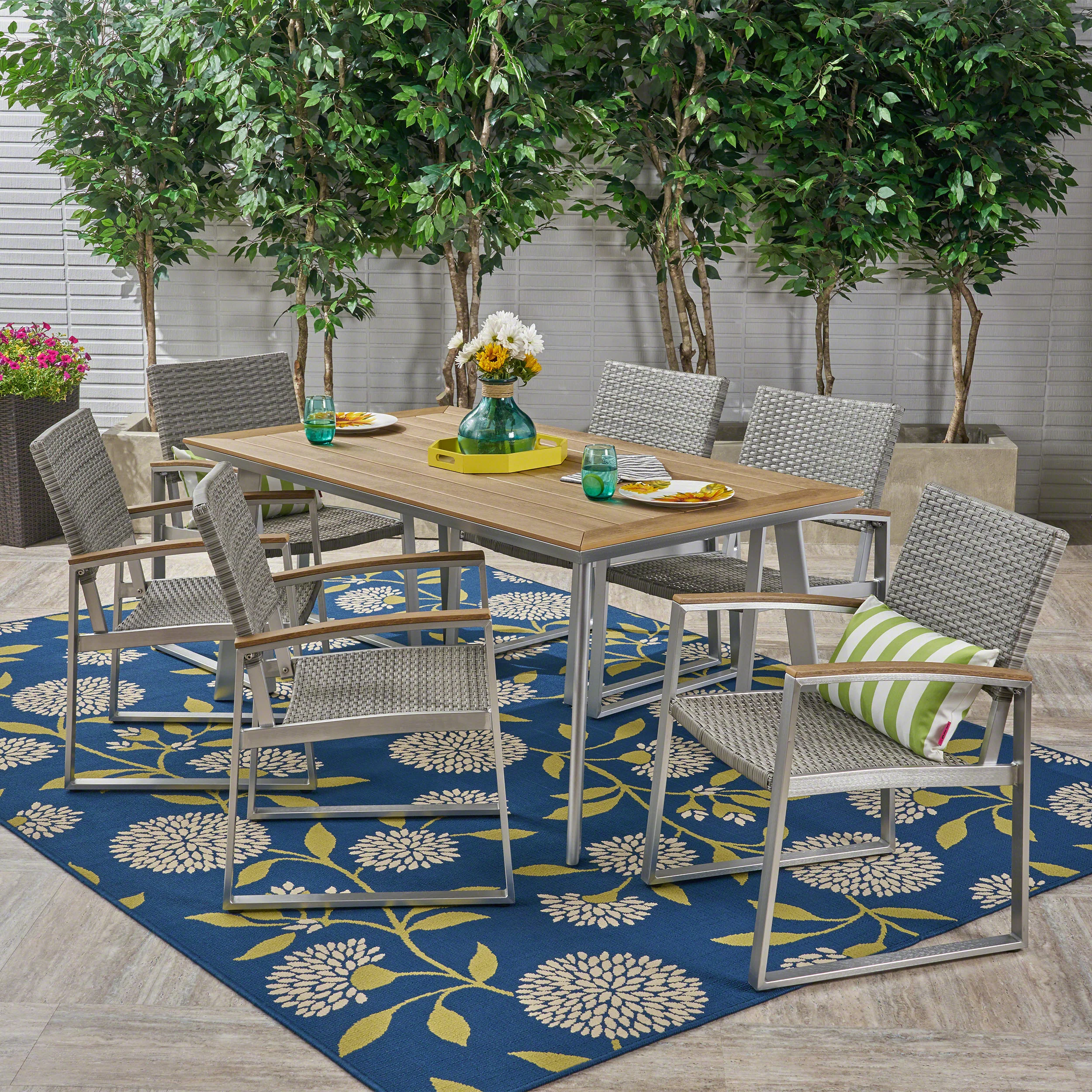 Tabby Outdoor Aluminum 7-Piece Dining Set with Mesh Chairs and Faux Wood Top - furnishings