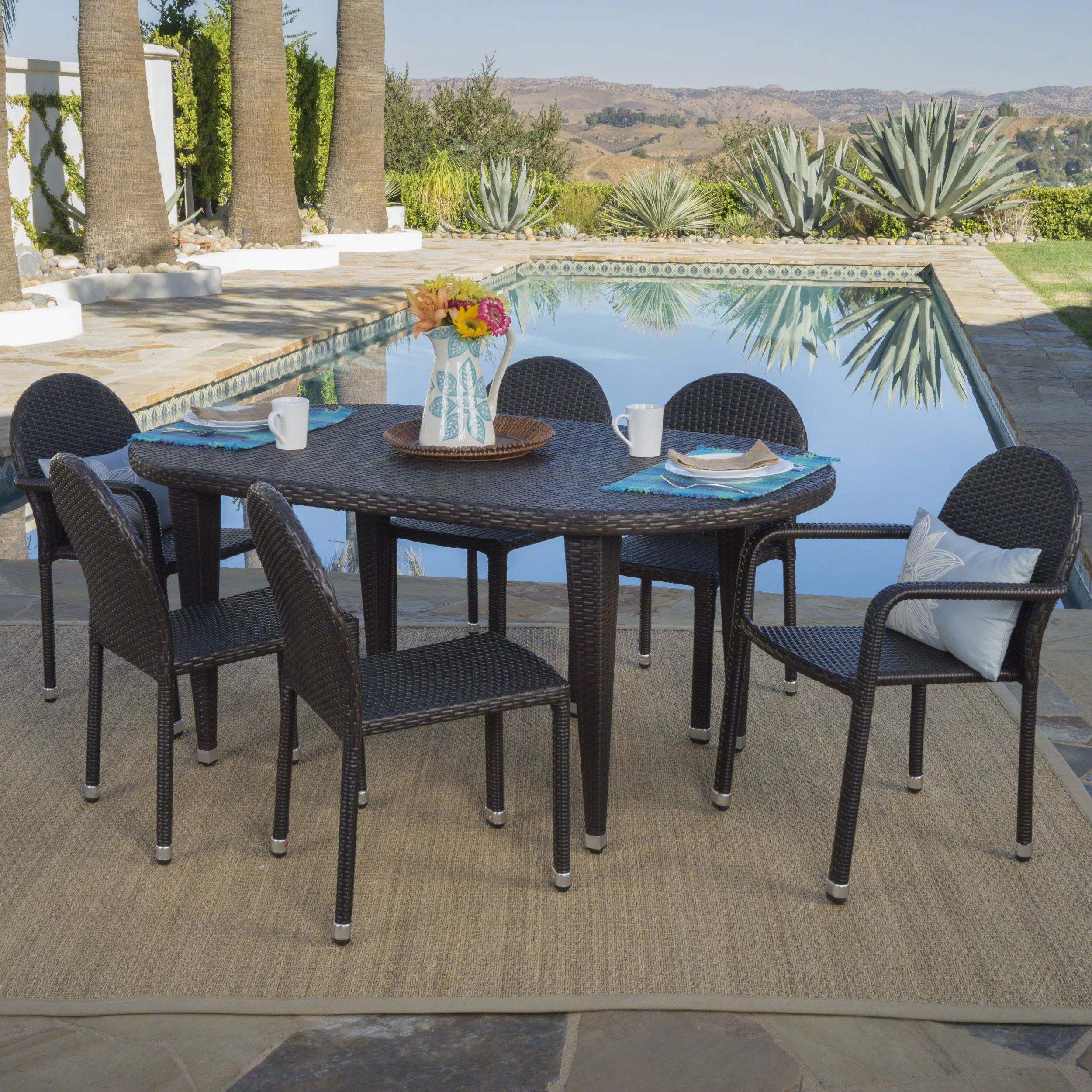 Ashlynn Outdoor 7 Piece Multi-brown Wicker Dining Set with Stacking Chairs - furnishings
