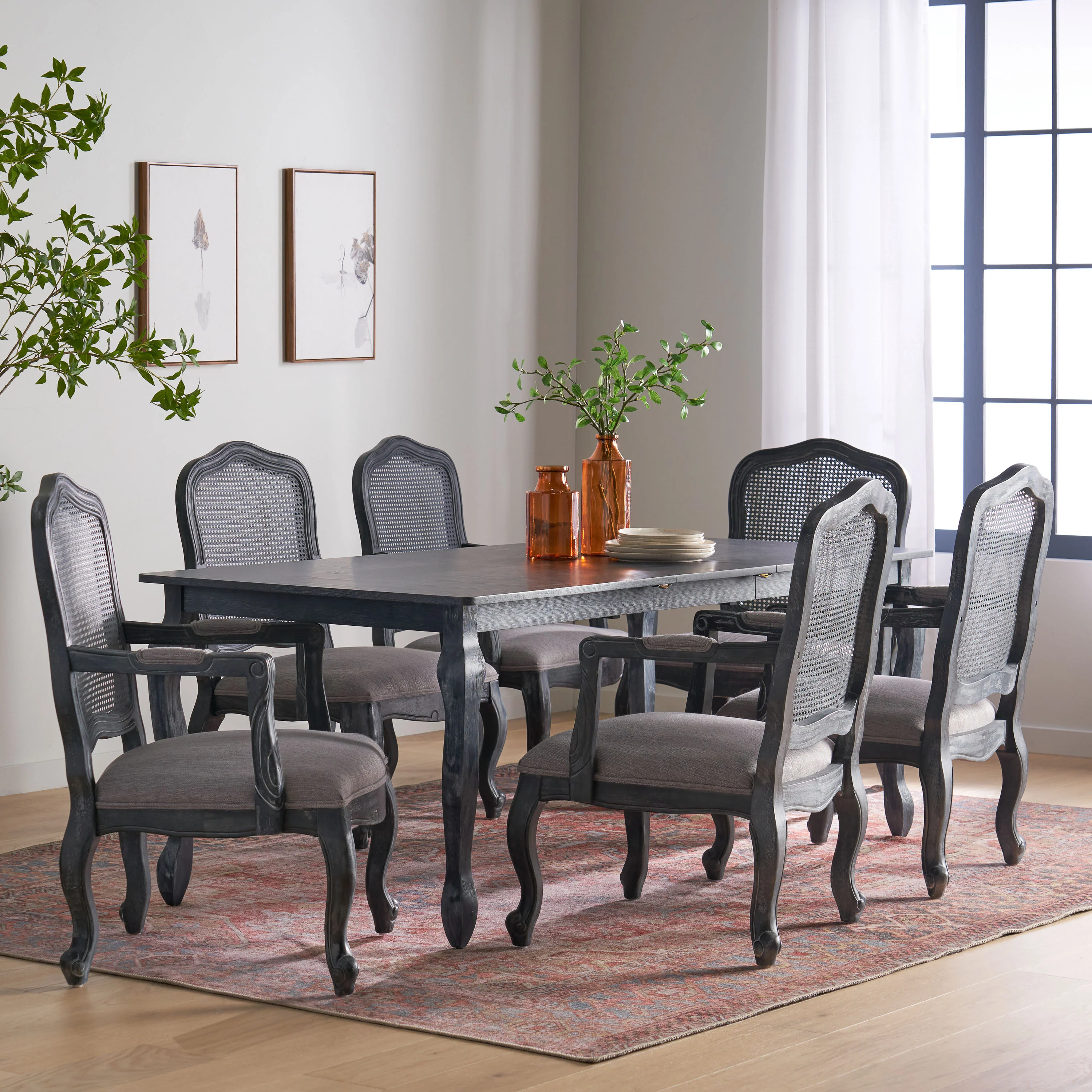 Bonview French Country Fabric Upholstered Wood and Cane Expandable 7 Piece Dining Set - furnishings