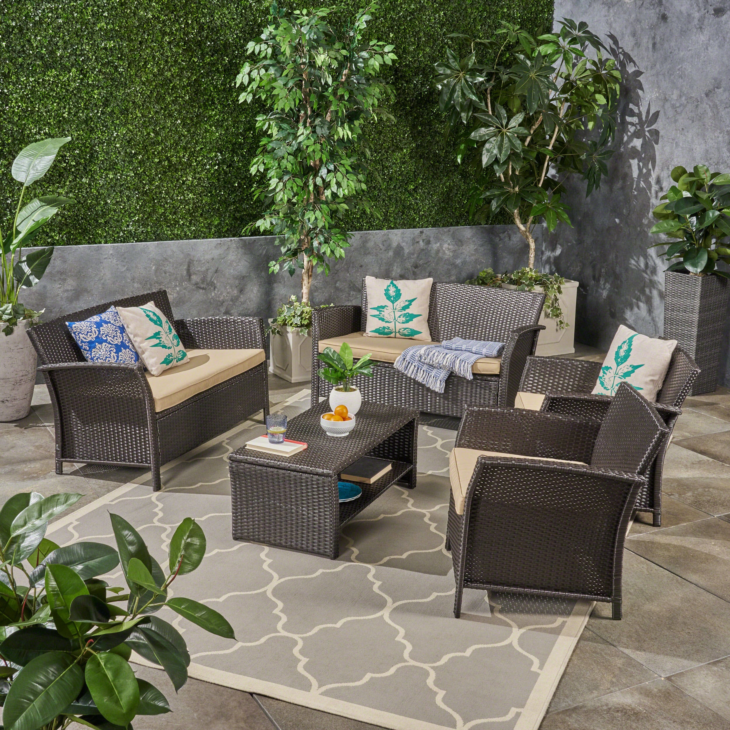 Lucia Outdoor 6-Seater Wicker Conversation Set with Coffee Table - furnishings