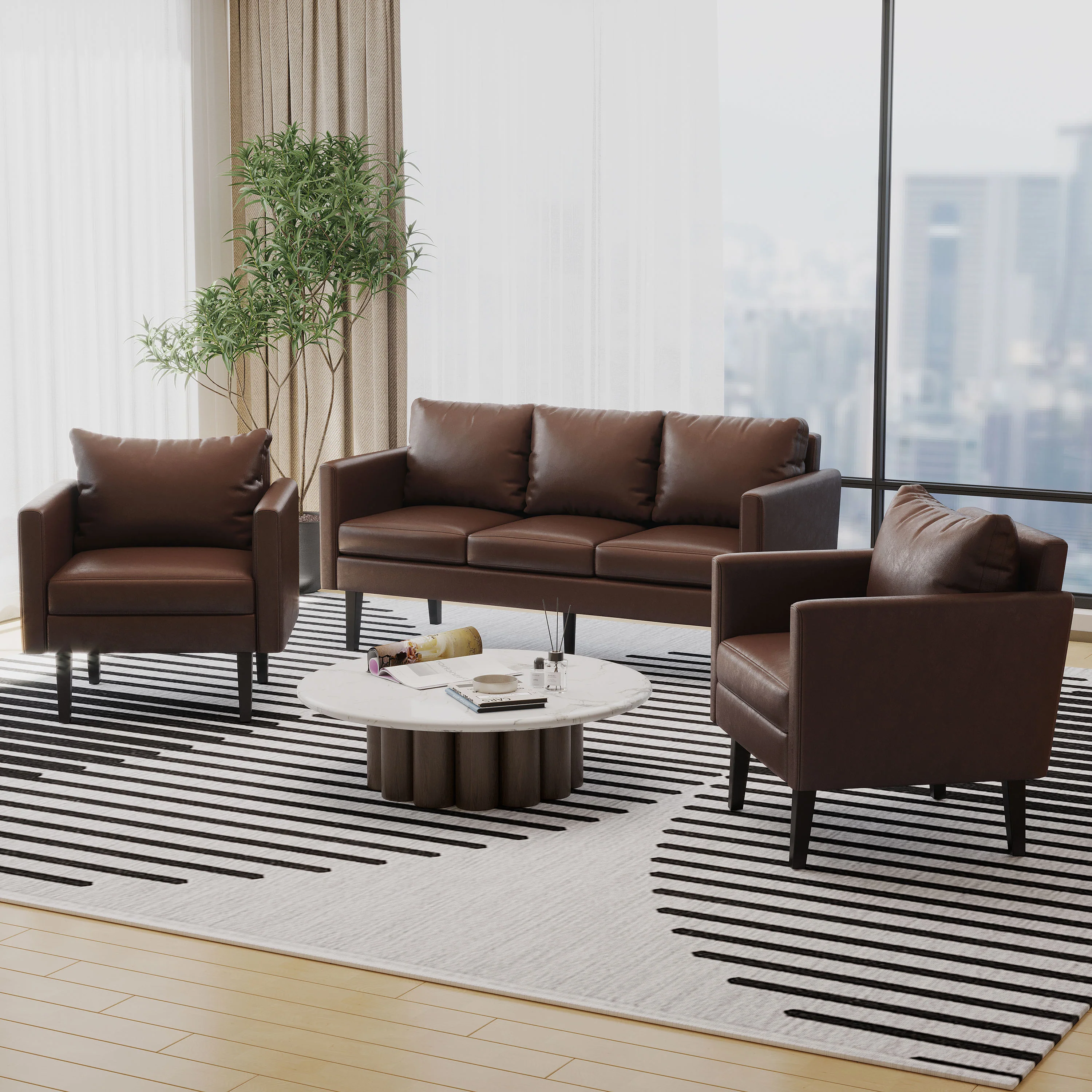 Dowd Mid Century Modern Faux Leather 3 Piece Living Room Sofa Set - furnishings