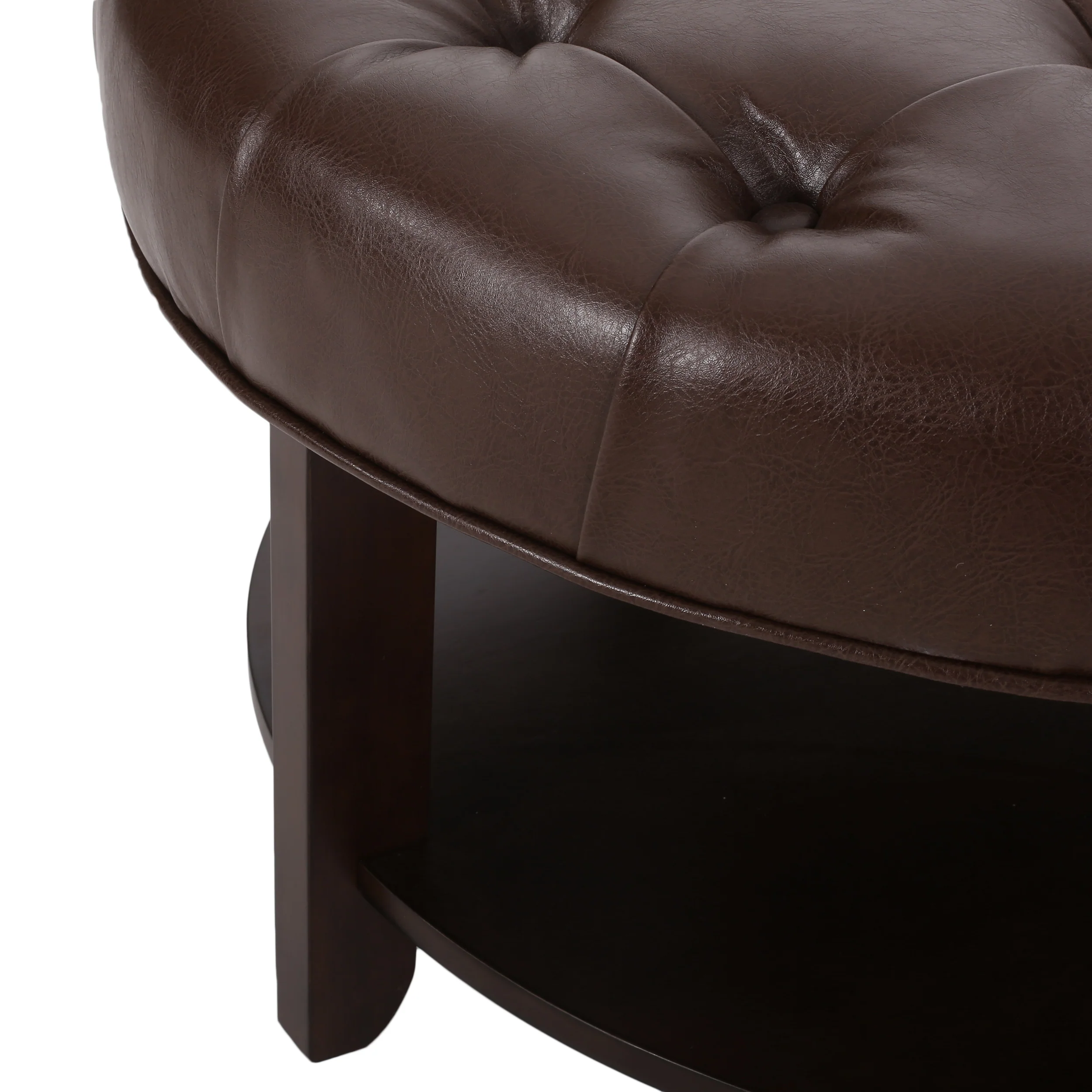 Baynes Contemporary Faux Leather Tufted Wood Round Ottoman with Open Shelf - furnishings