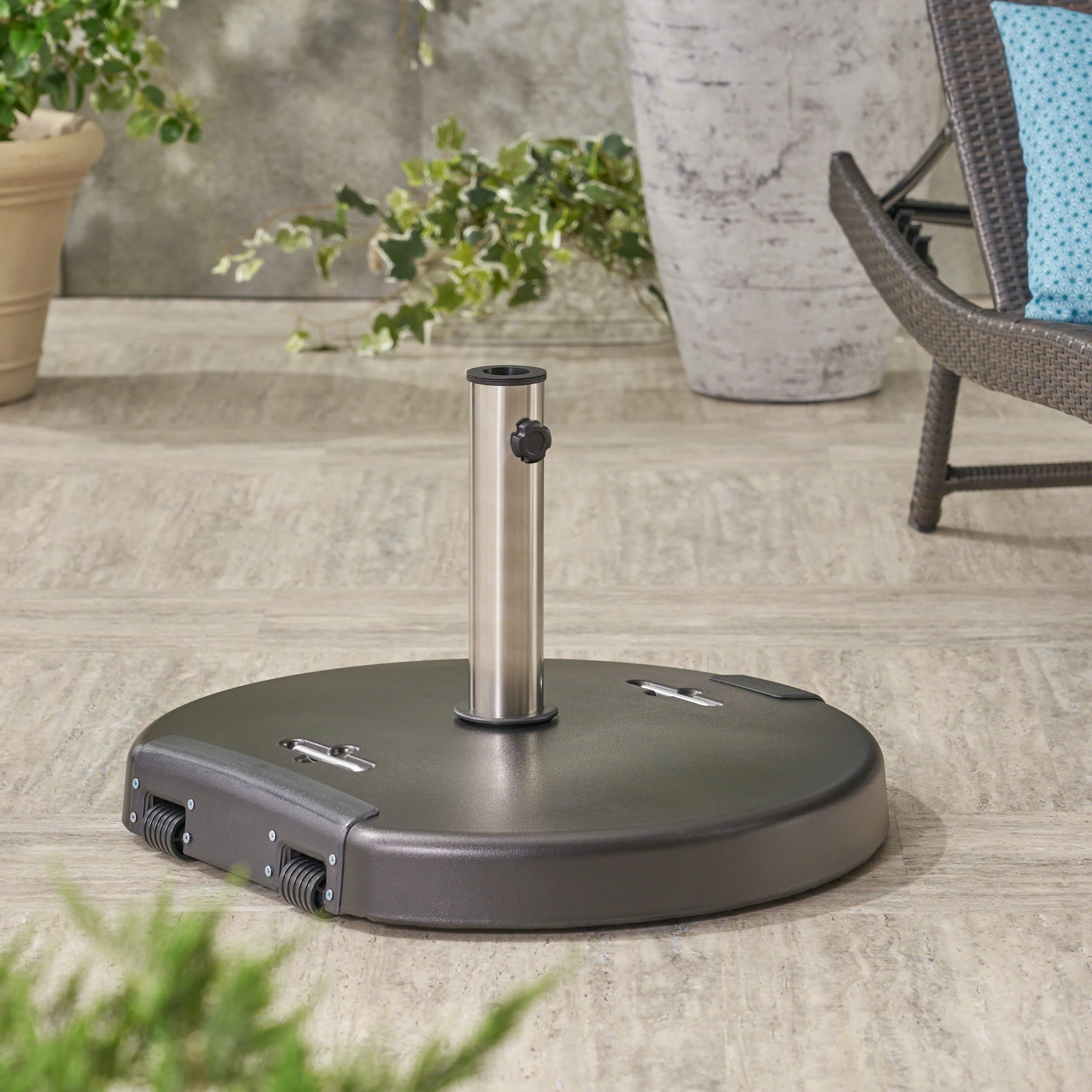 Kelly Outdoor 132lb Concrete Circular Umbrella Base with Stainless Steel Collar - furnishings
