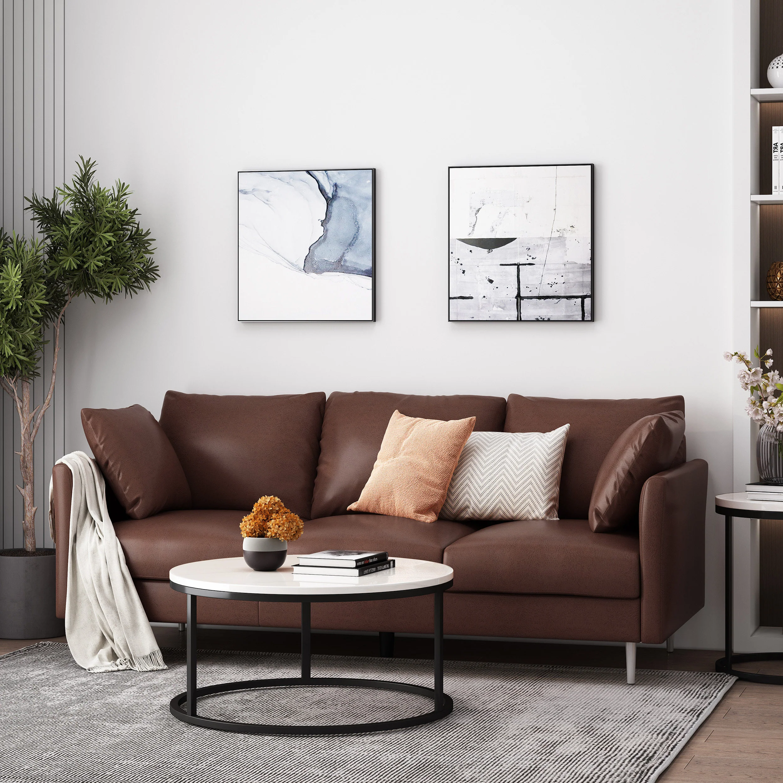 Syosset Modern Faux Leather 3 Seater Sofa with Pillows - furnishings