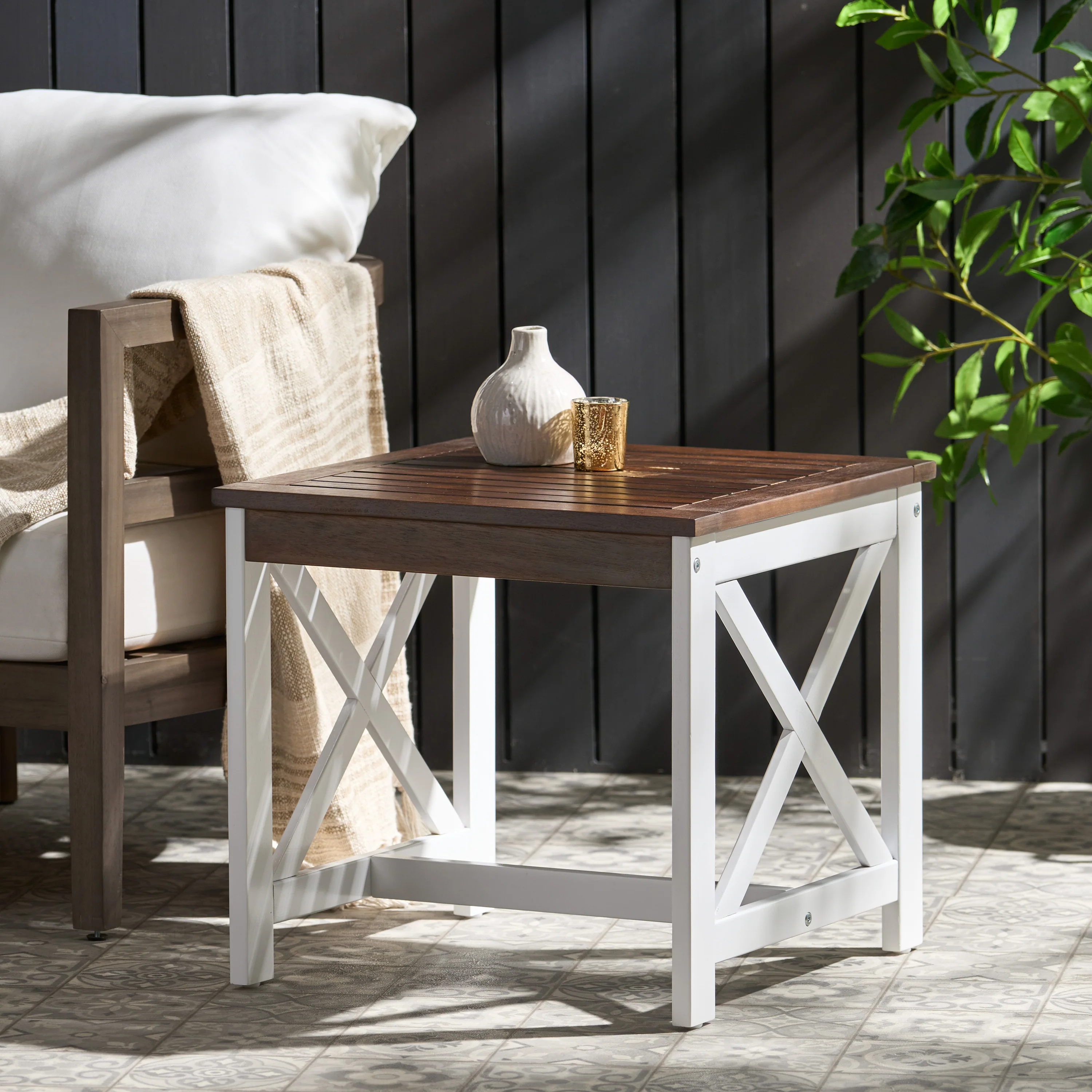 Jean Farmhouse X-Frame Acacia Wood End Table with Slat Top - furnishings