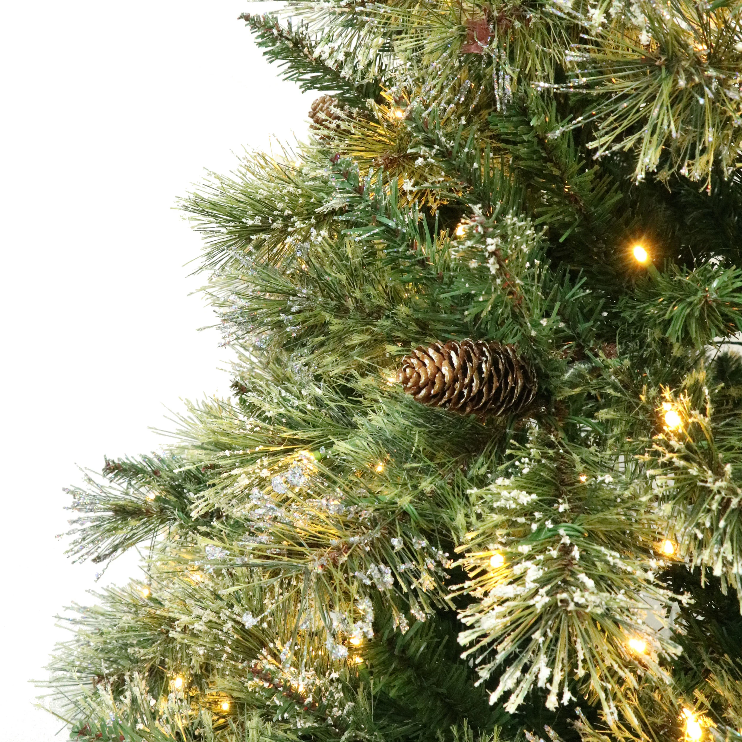 7.5-foot Cashmere Pine and Mixed Needles Pre-Lit Clear LED Hinged Artificial Christmas Tree with Snow and Glitter Branches and Frosted Pinecones - furnishings