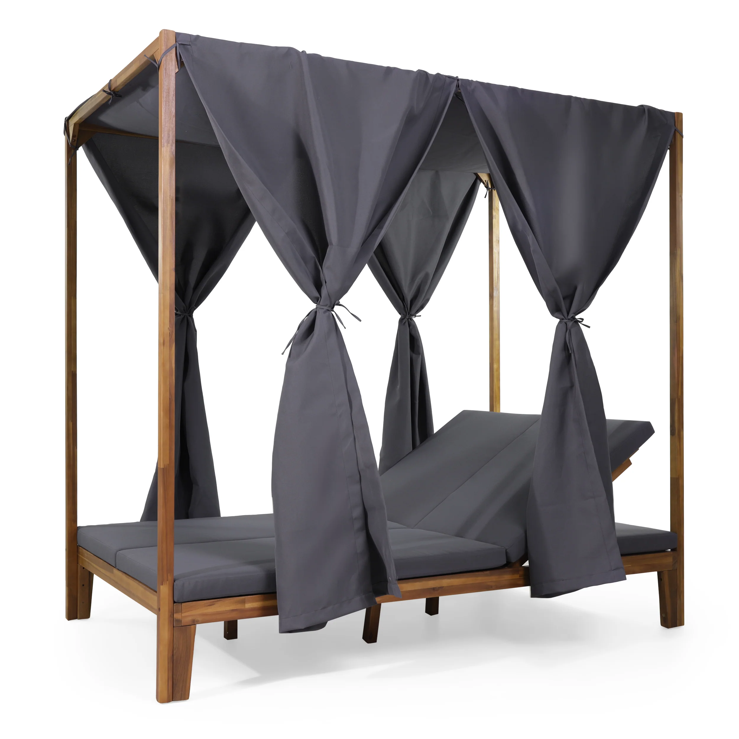 Leaverton Outdoor 2 Seater Adjustable Acacia Wood Daybed with Curtains - furnishings