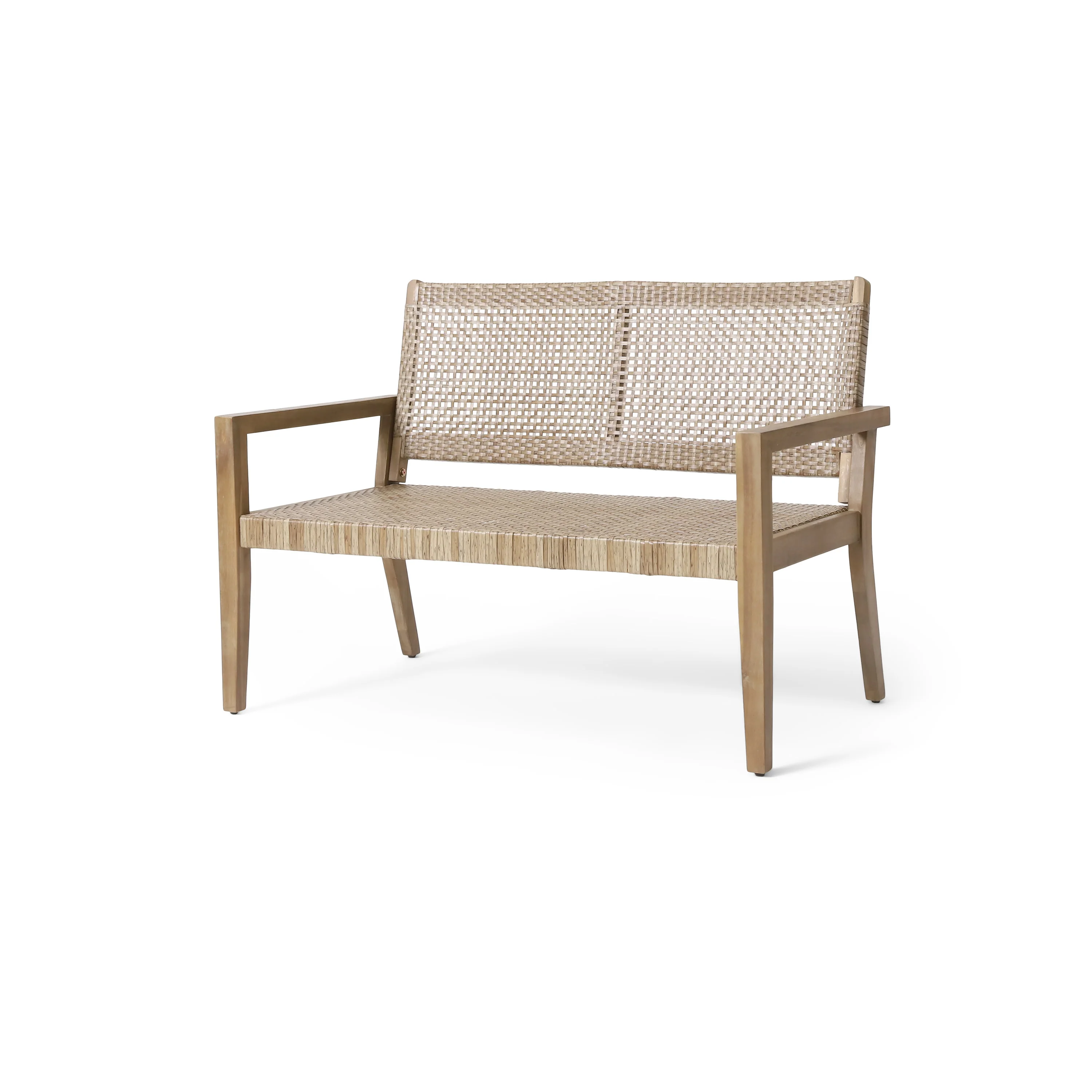 Elmcrest Outdoor Wicker and Acacia Wood Loveseat, Light Multibrown and Light Brown - furnishings