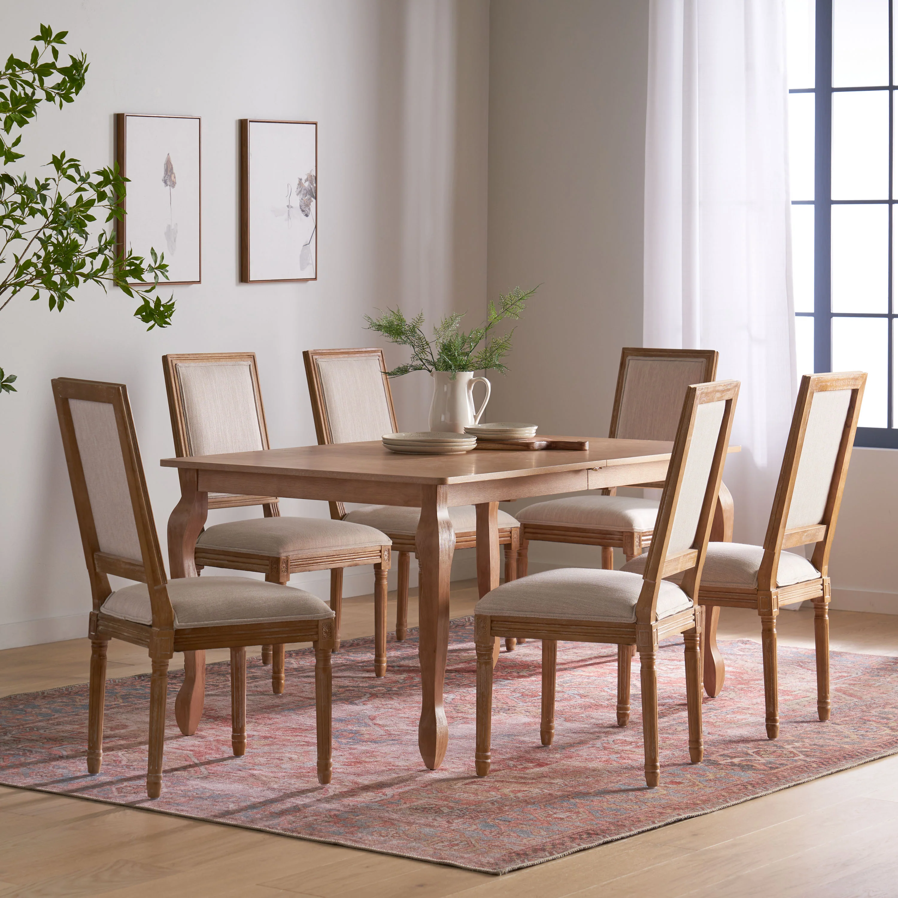 Fernleaf French Country Fabric Upholstered Wood Expandable 7 Piece Dining Set - furnishings