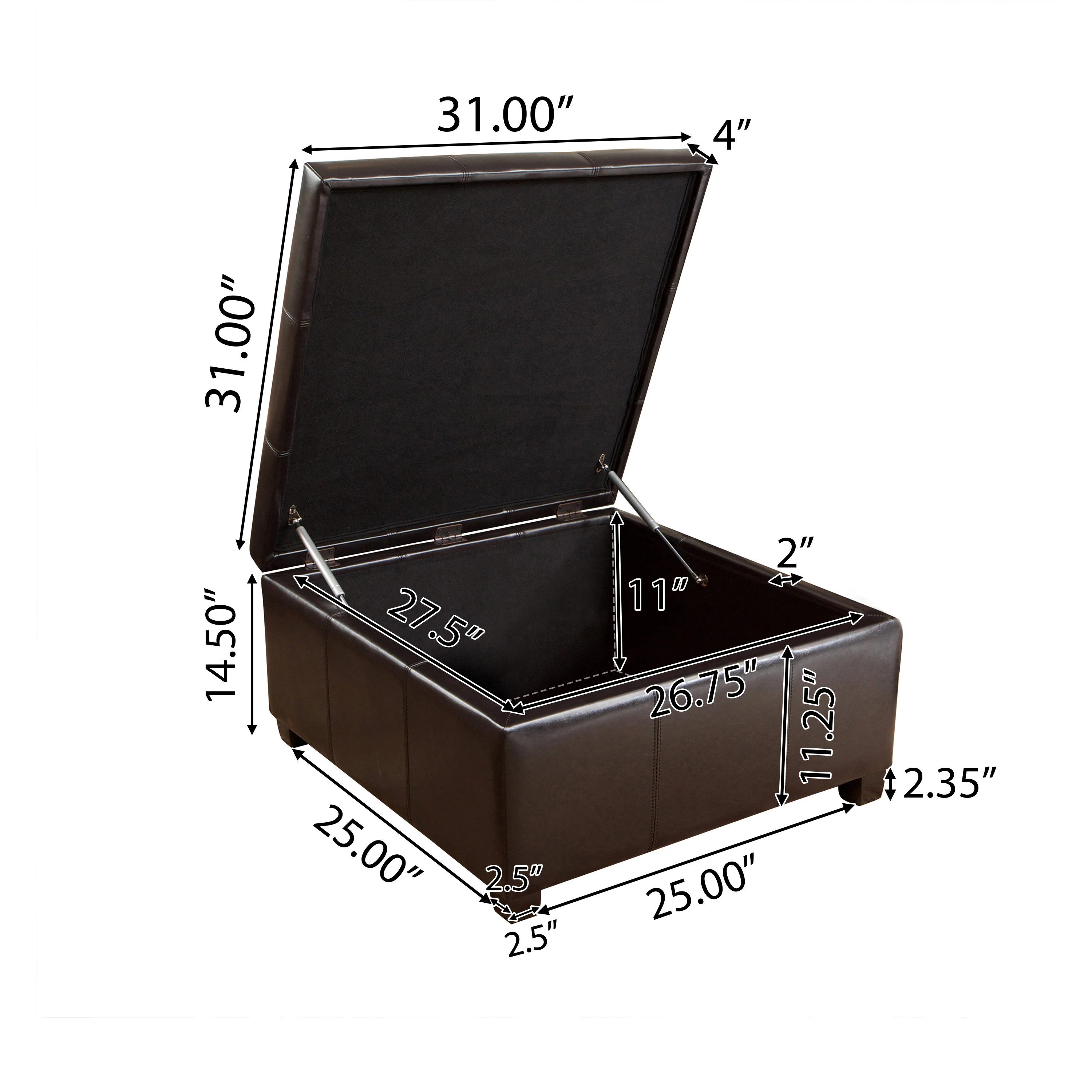Boston Espresso Brown Tufted Leather Storage Ottoman Coffee Table - furnishings
