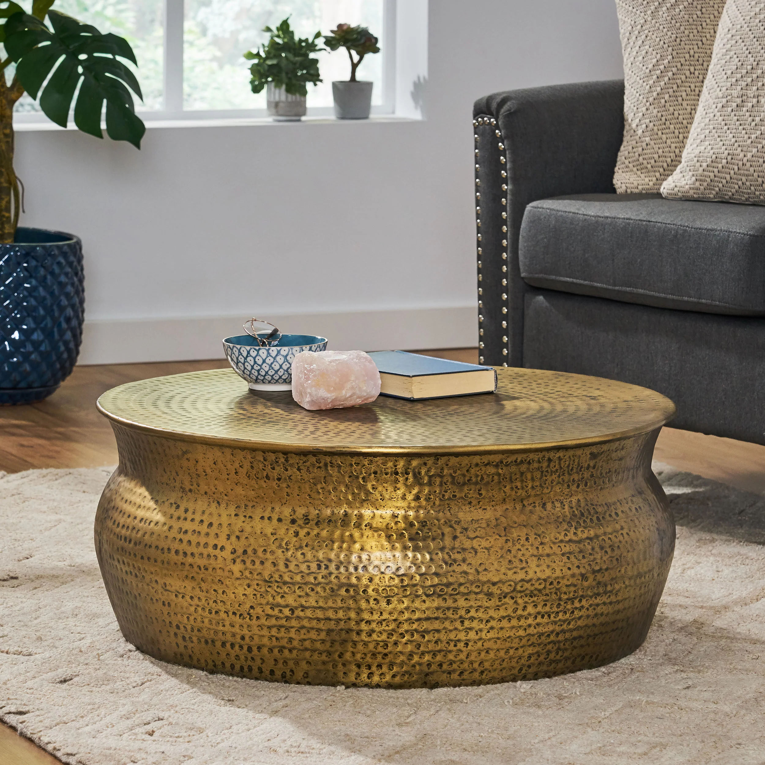 Kenwood Modern Handcrafted Aluminum Drum Coffee Table, Aged Brass - furnishings