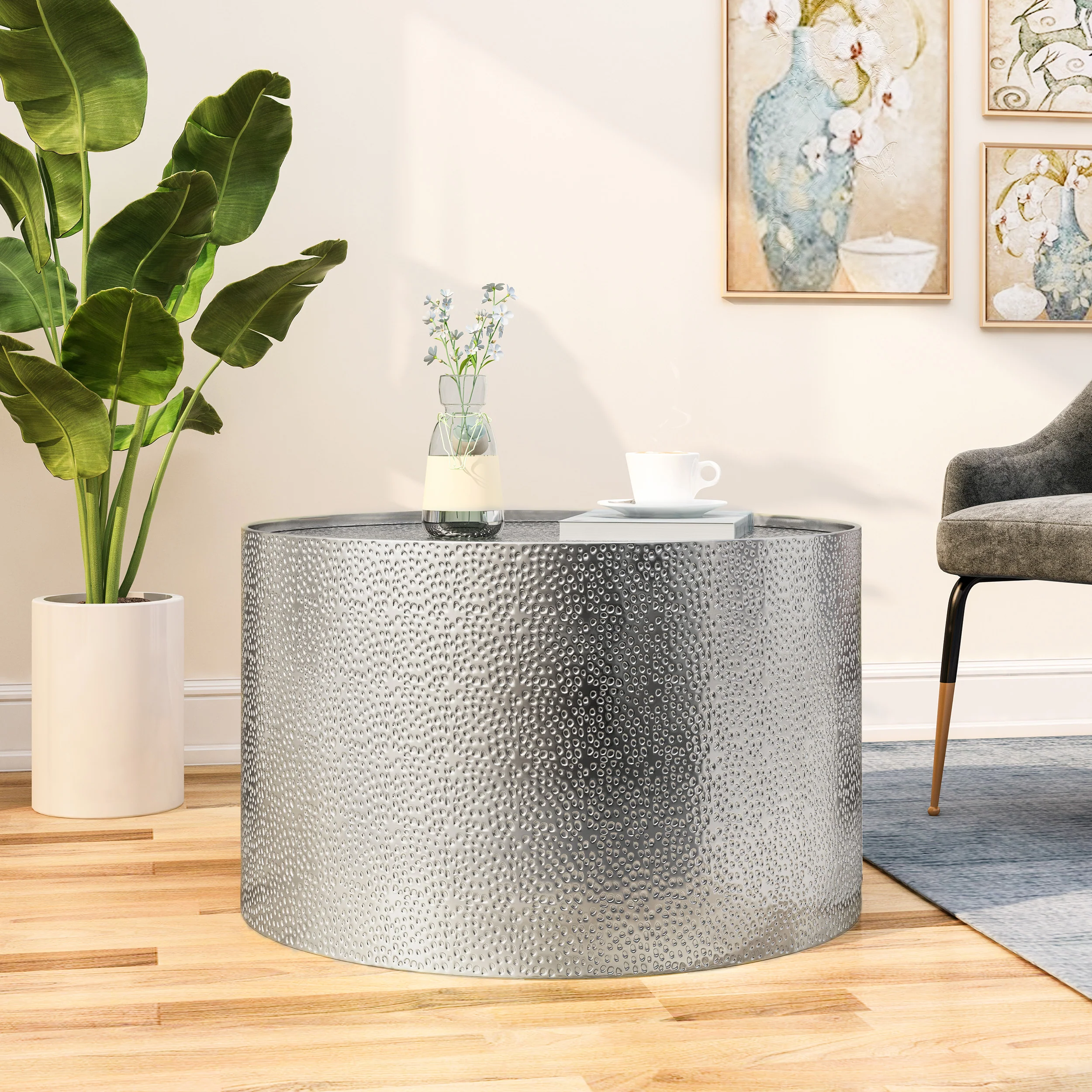 Rache Modern Round Coffee Table with Hammered Iron - furnishings
