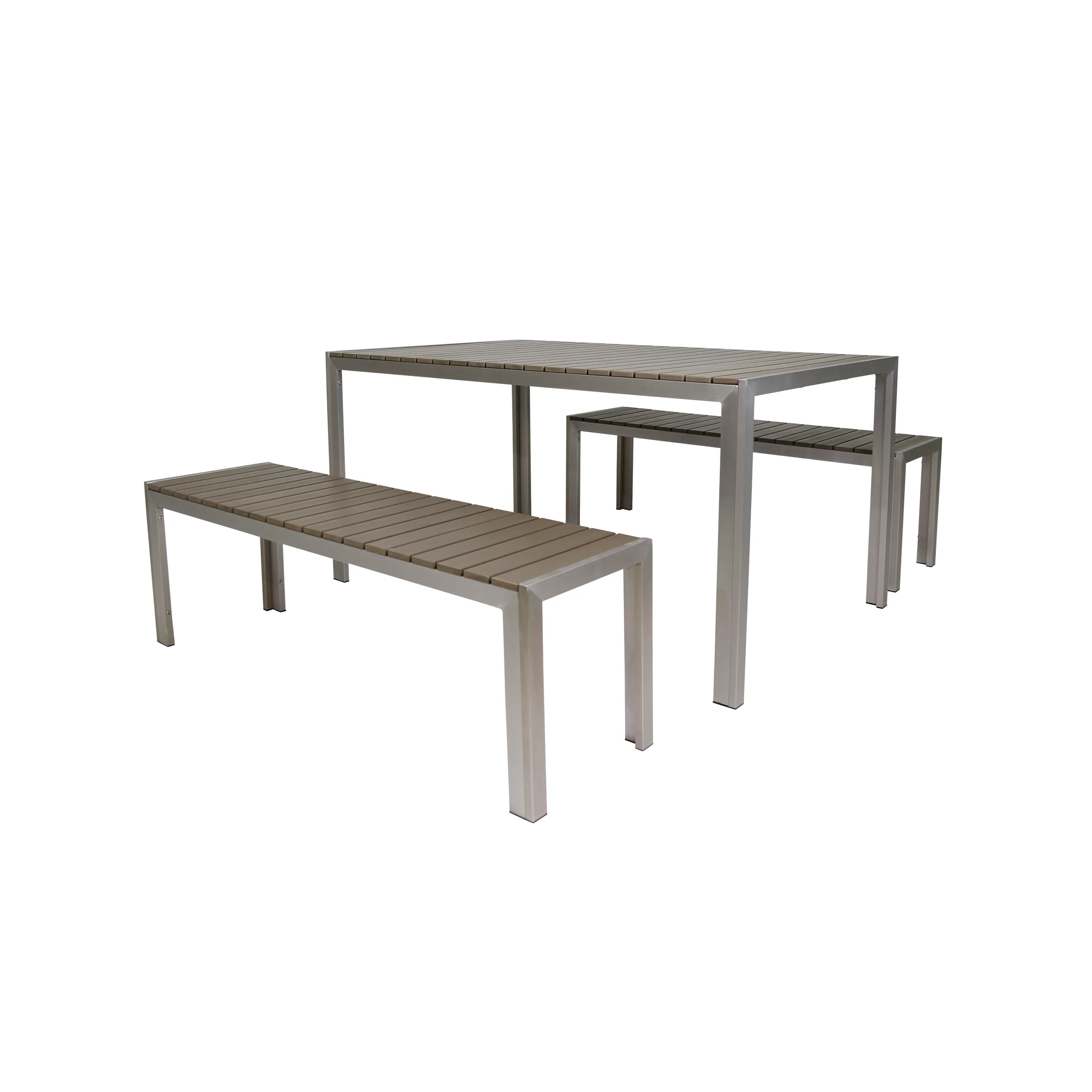 Butler Outdoor Aluminum Picnic Set with Faux Wood Top, Silver and Natural - furnishings