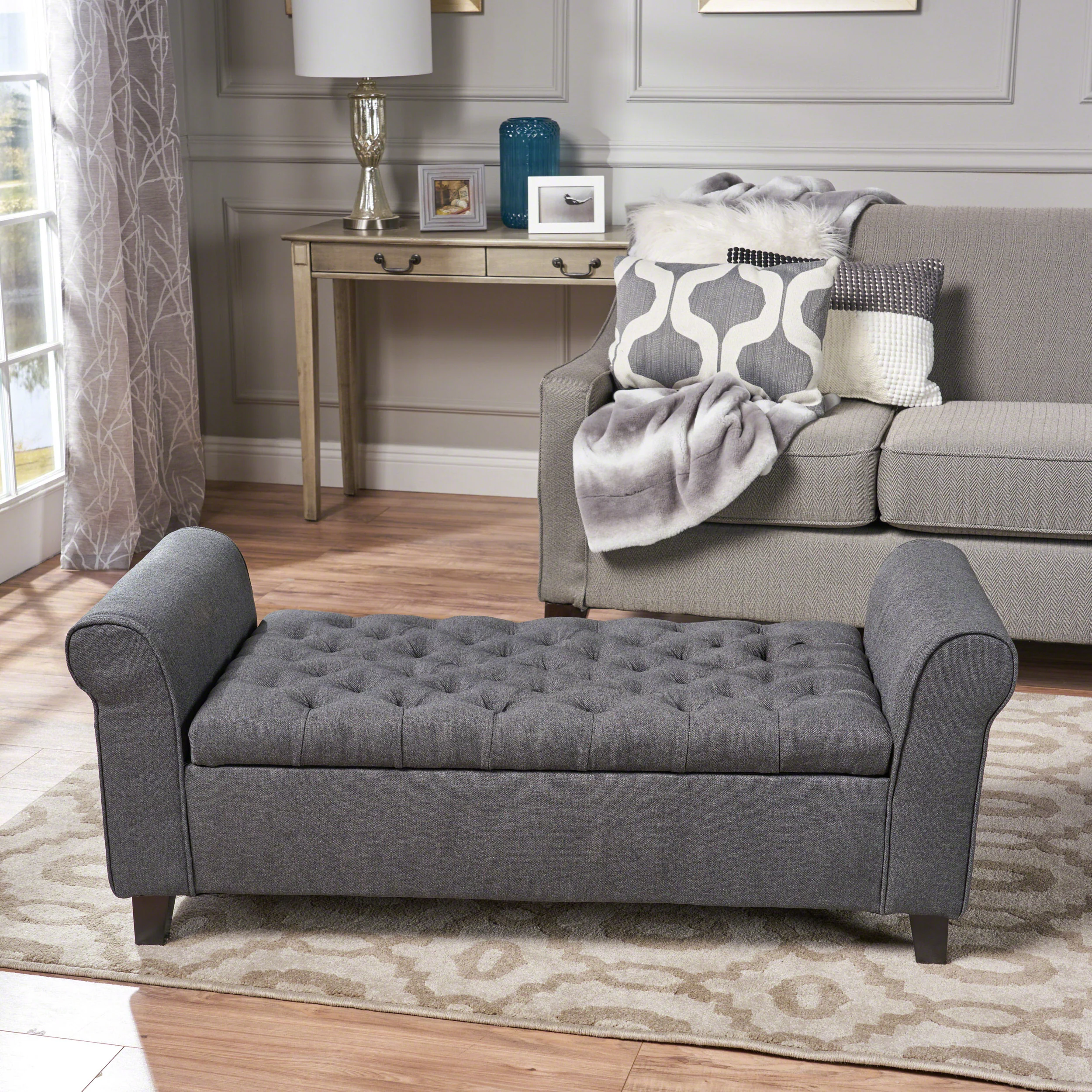 Charlemagne Rolled Arm Tufted Fabric Storage Ottoman Bench - furnishings