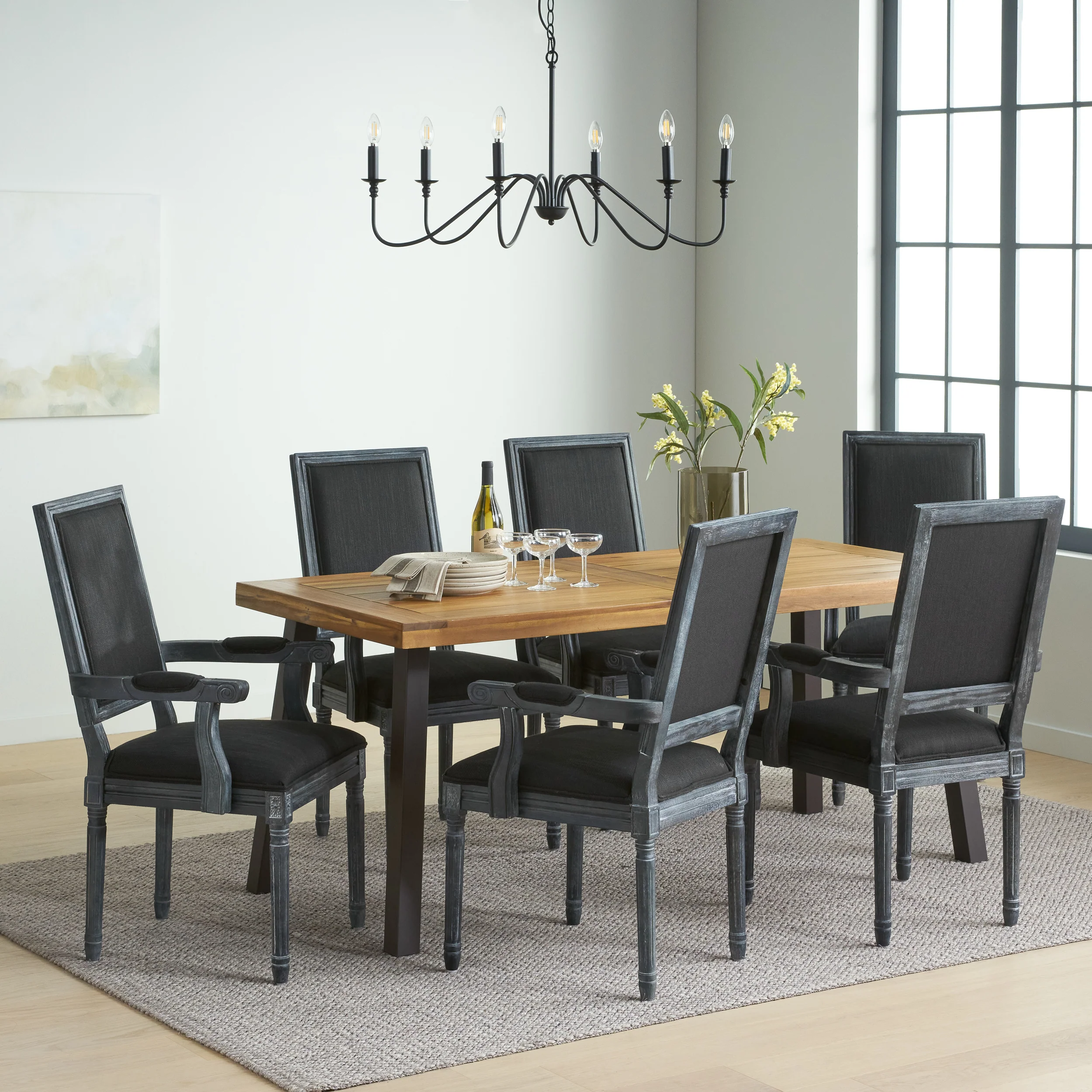 Coniston Farmhouse Fabric Upholstered Wood and Iron 7 Piece Dining Set - furnishings