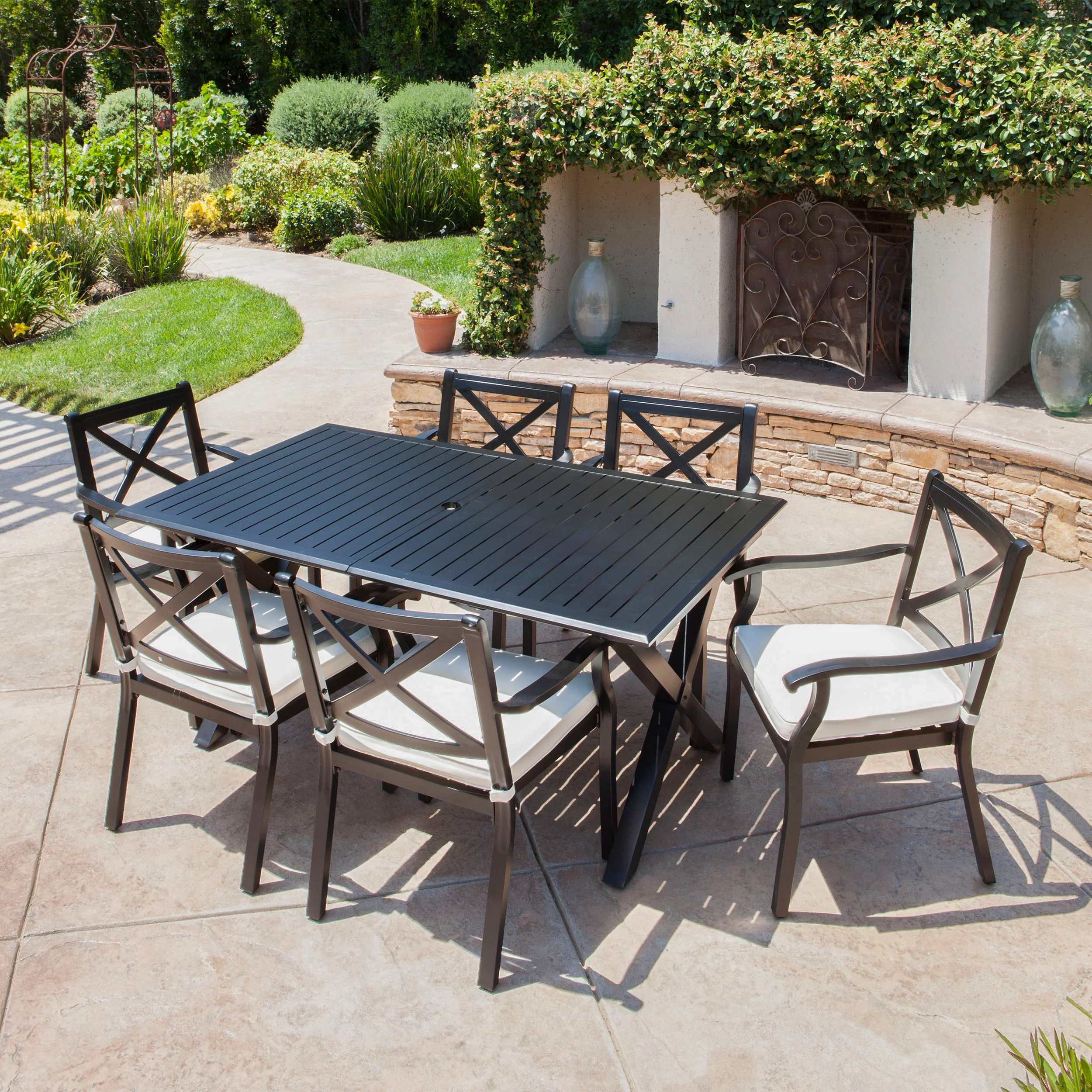 Eowyn Expandable 7-9 Piece Outdoor Cast Aluminum Dining Set w/ Umbrella Hole - furnishings
