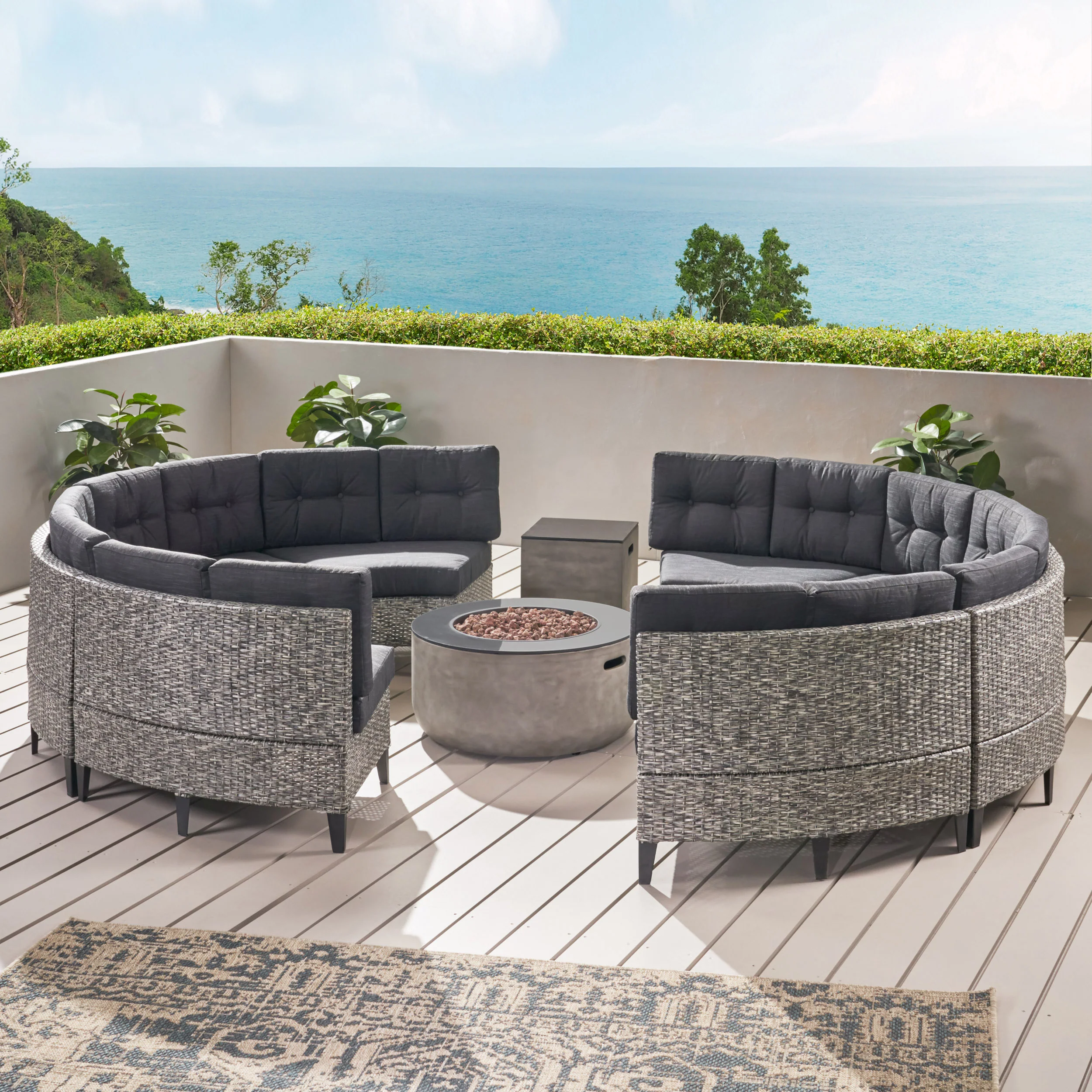 Breann Outdoor Round 8 Seater Wicker Sectional Set with Fire Pit and Tank Holder - furnishings