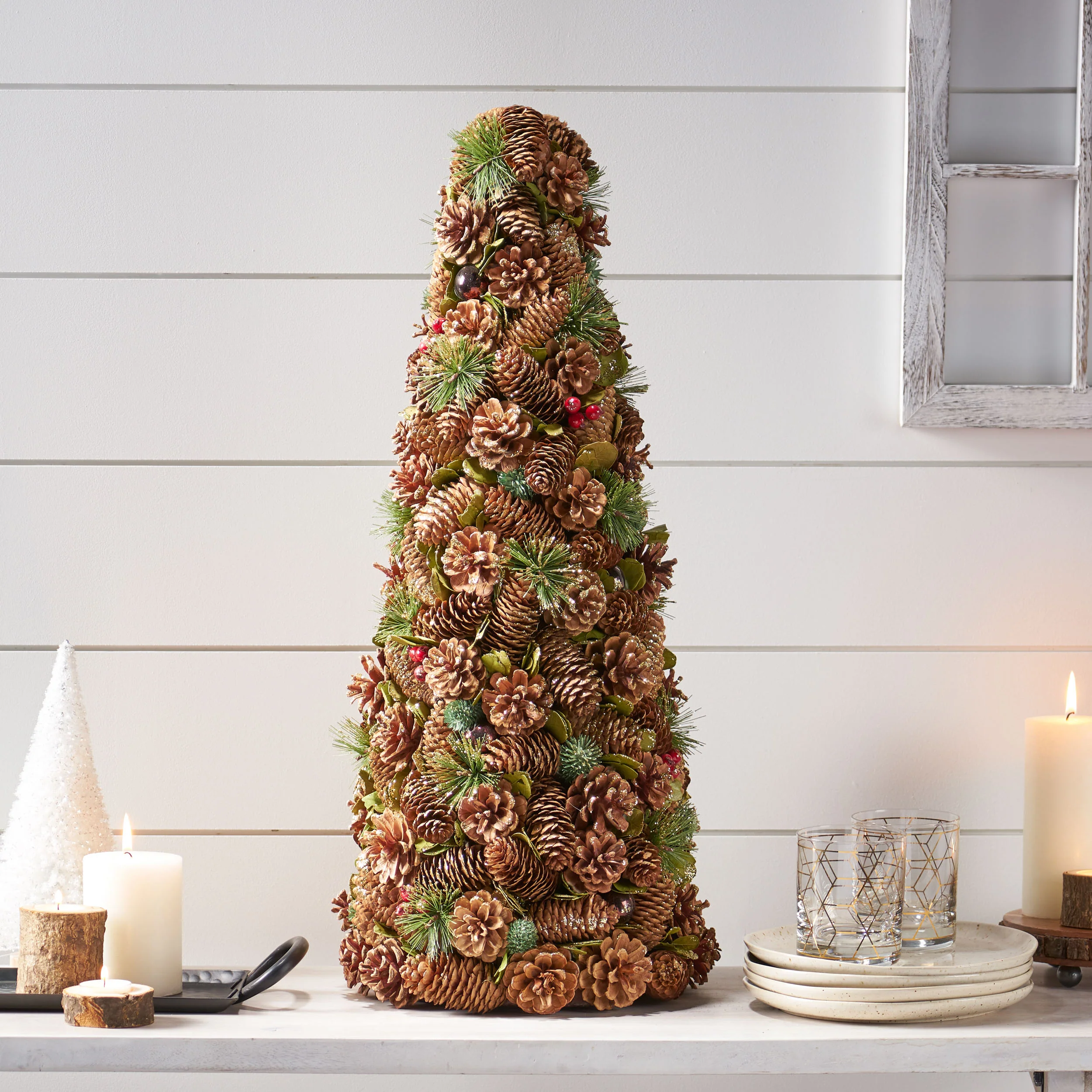 Artificial Pre Decorated Pinecone and Glitter Tabletop Christmas Tree - furnishings