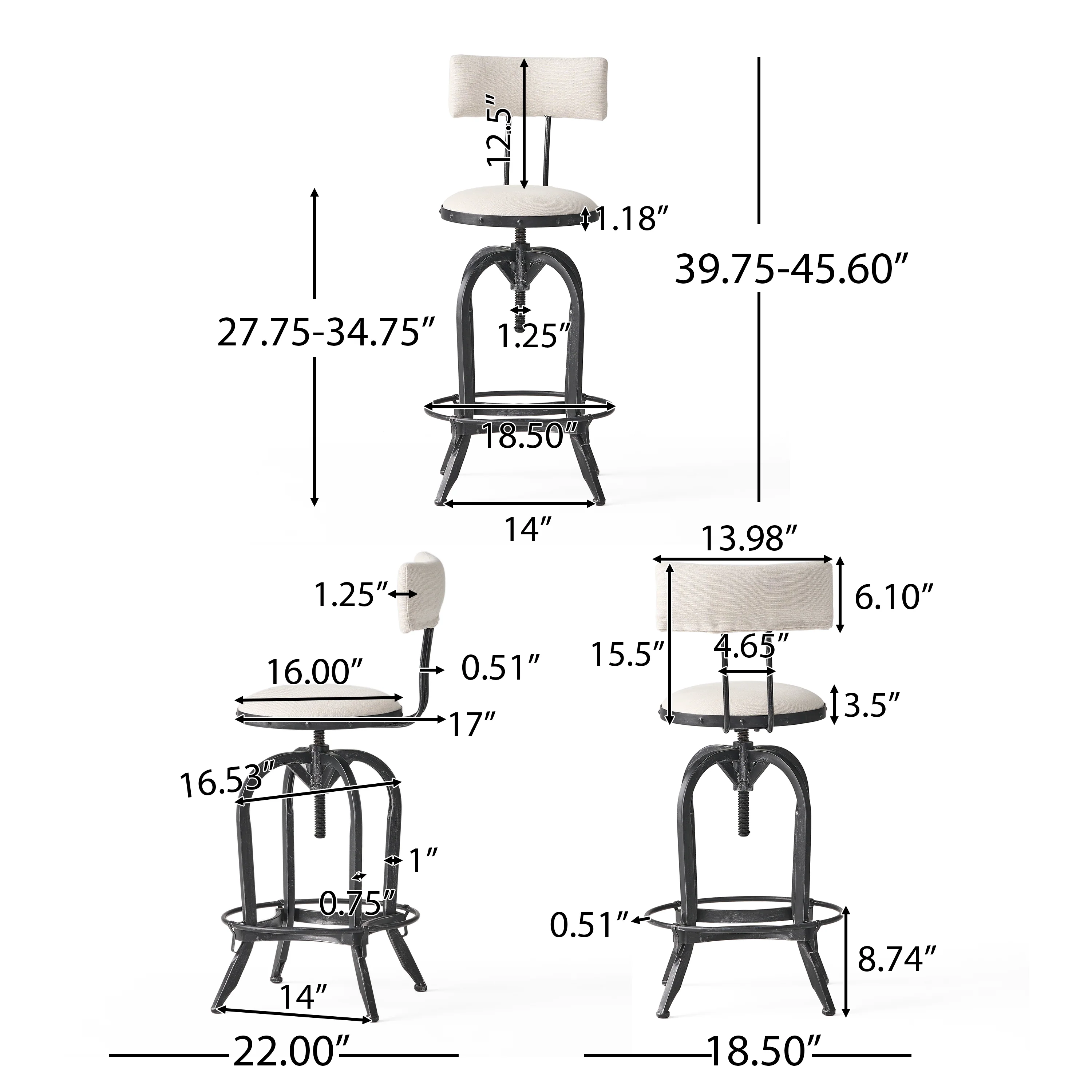 Contemporary Adjustable Fabric Off-White Swivel Barstool w/ Backrest - furnishings