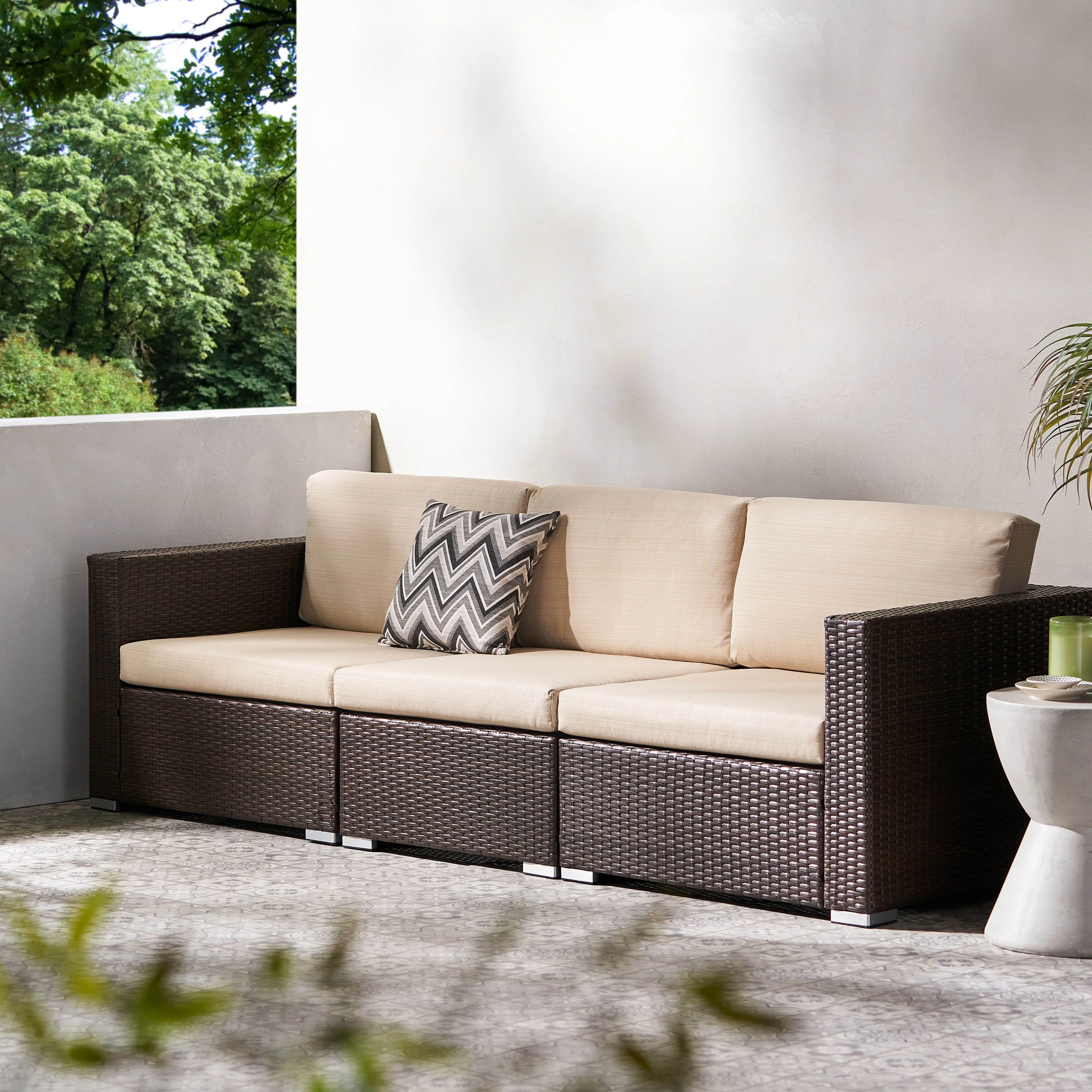 Avianna Outdoor Wicker 3 Seater Sectional Sofa with Cushions - furnishings
