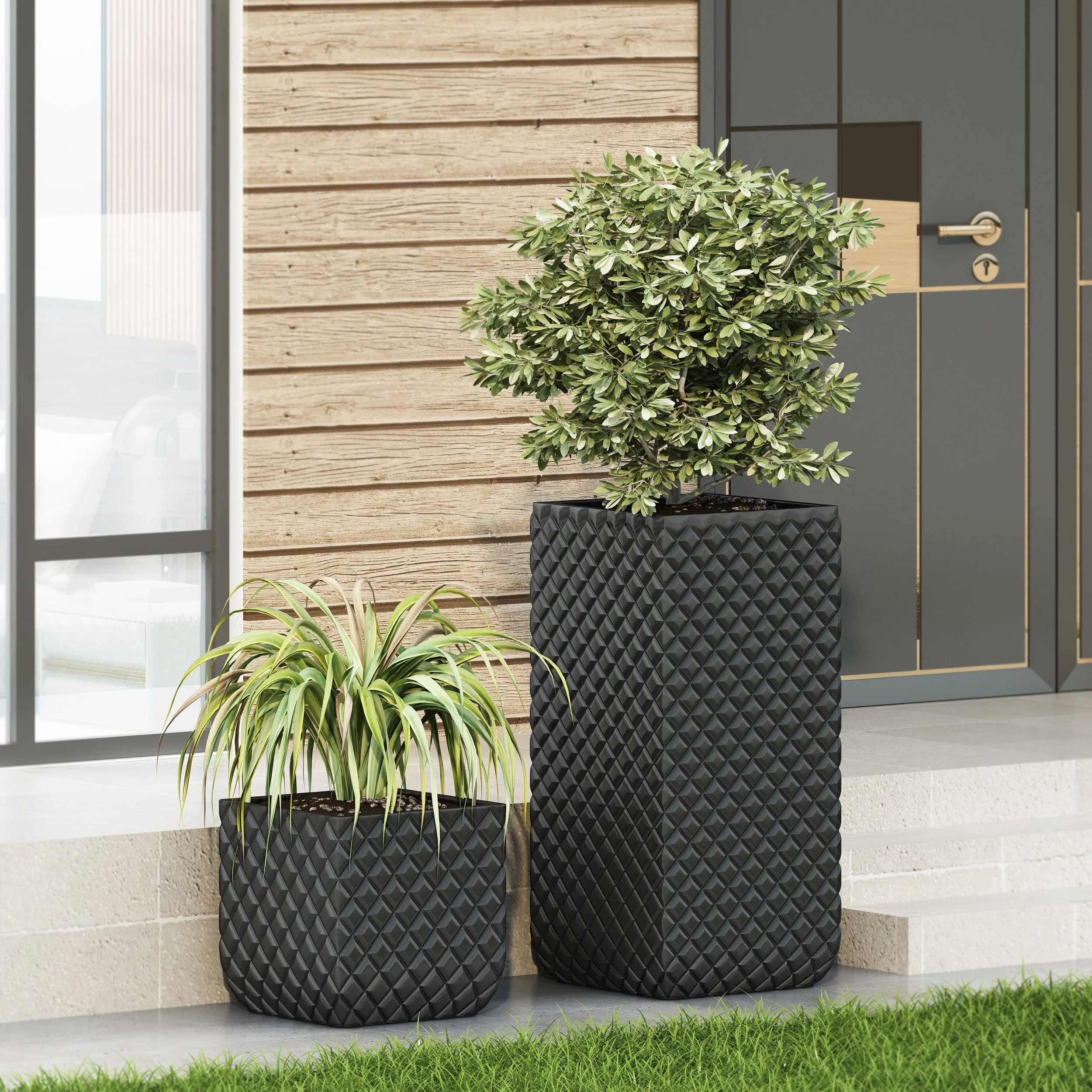 Harlar Outdoor Large and Small Cast Stone Planters, Set of 2, Matte Black - furnishings